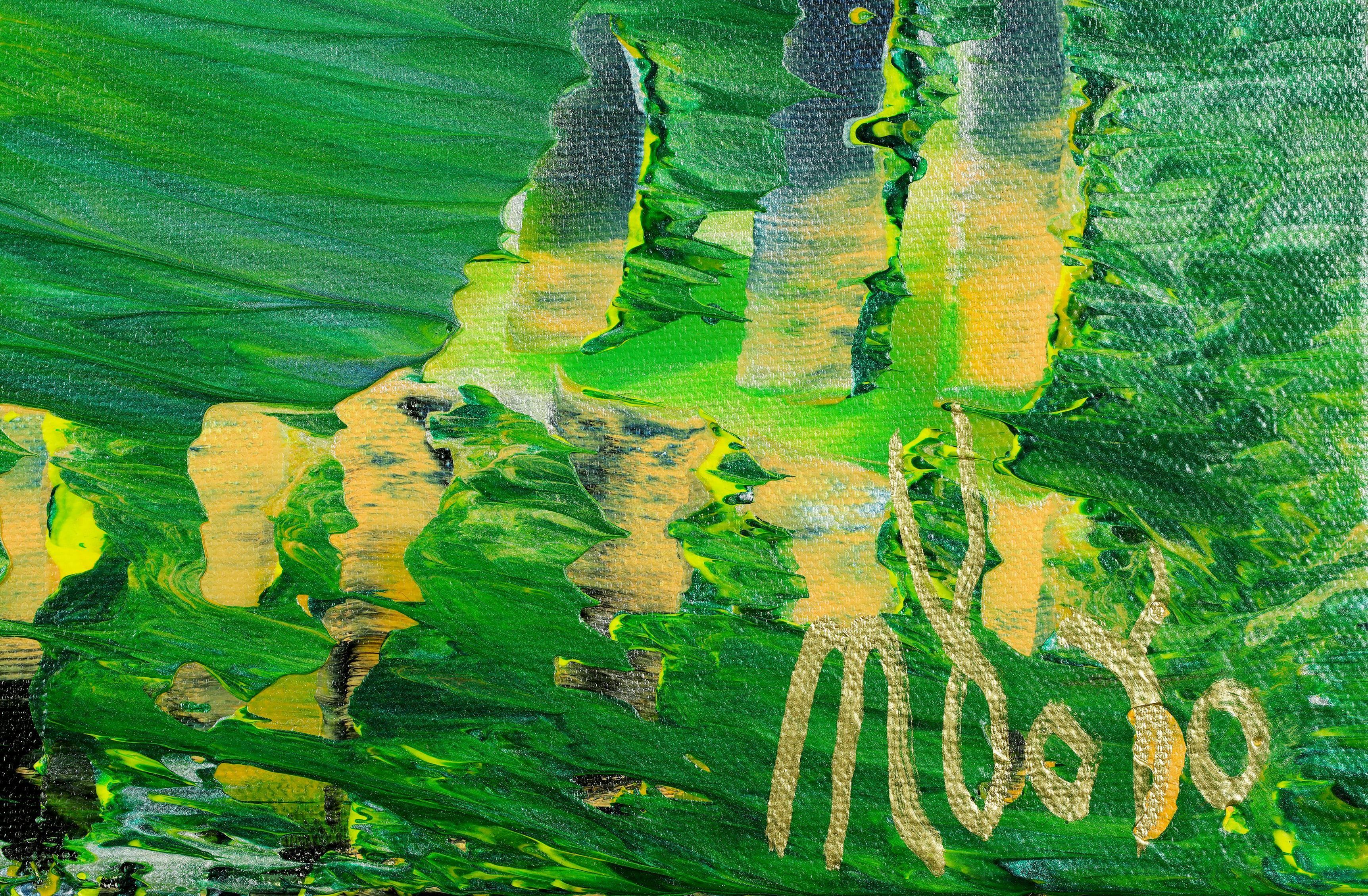 Pintura paisajística inspirada en la naturaleza, con mezclas de colores verdes y amarillos, contrastes y detalles. Texturizado con una capa final de azul iridiscente para un brillo extra.    Inspirada en los colores de la naturaleza con sutiles