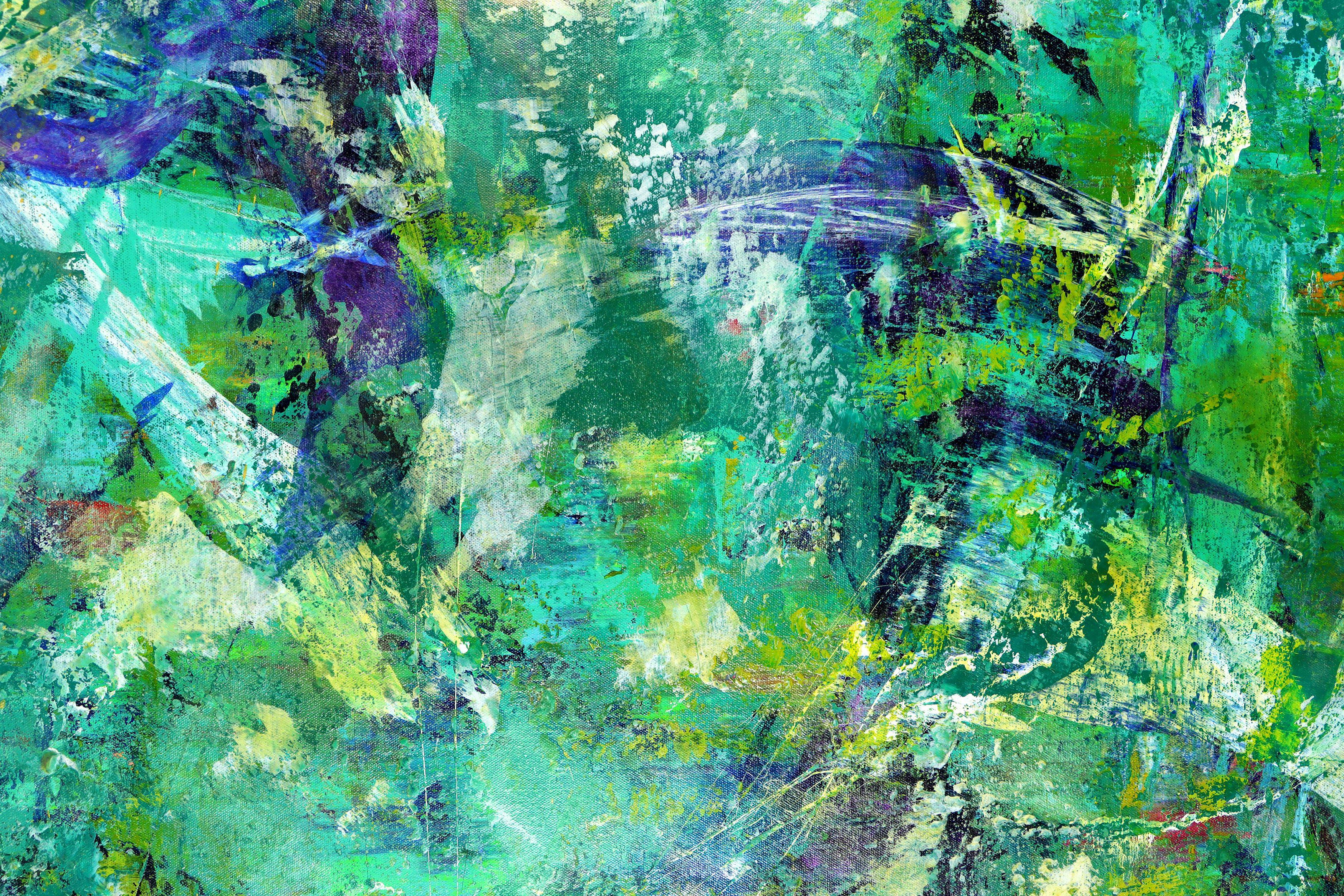 Large Statement Work! Impactful greenery and forest inspired abstract painting. Lots of texture and lush green combined and blended with teal, shades of blue with subtle gold and iridescent purple details. This oversized painting arrives signed in