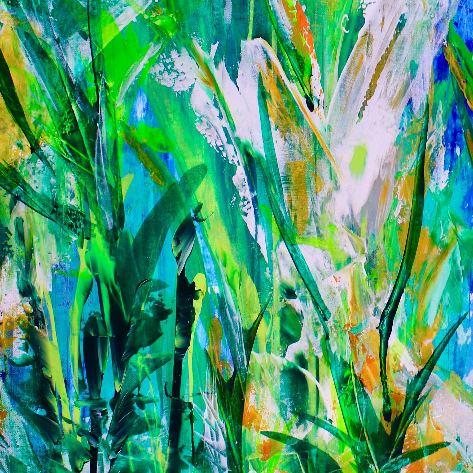 arioso e dinamico astratto in acrilico ispirato alla natura con prospettiva da lontano e da vicino. Dipinto a segmenti per creare maggiore contrasto e profondità. Un sacco di verde, beige, bianco, blu e giallo. Bellissimo dipinto contemplativo e