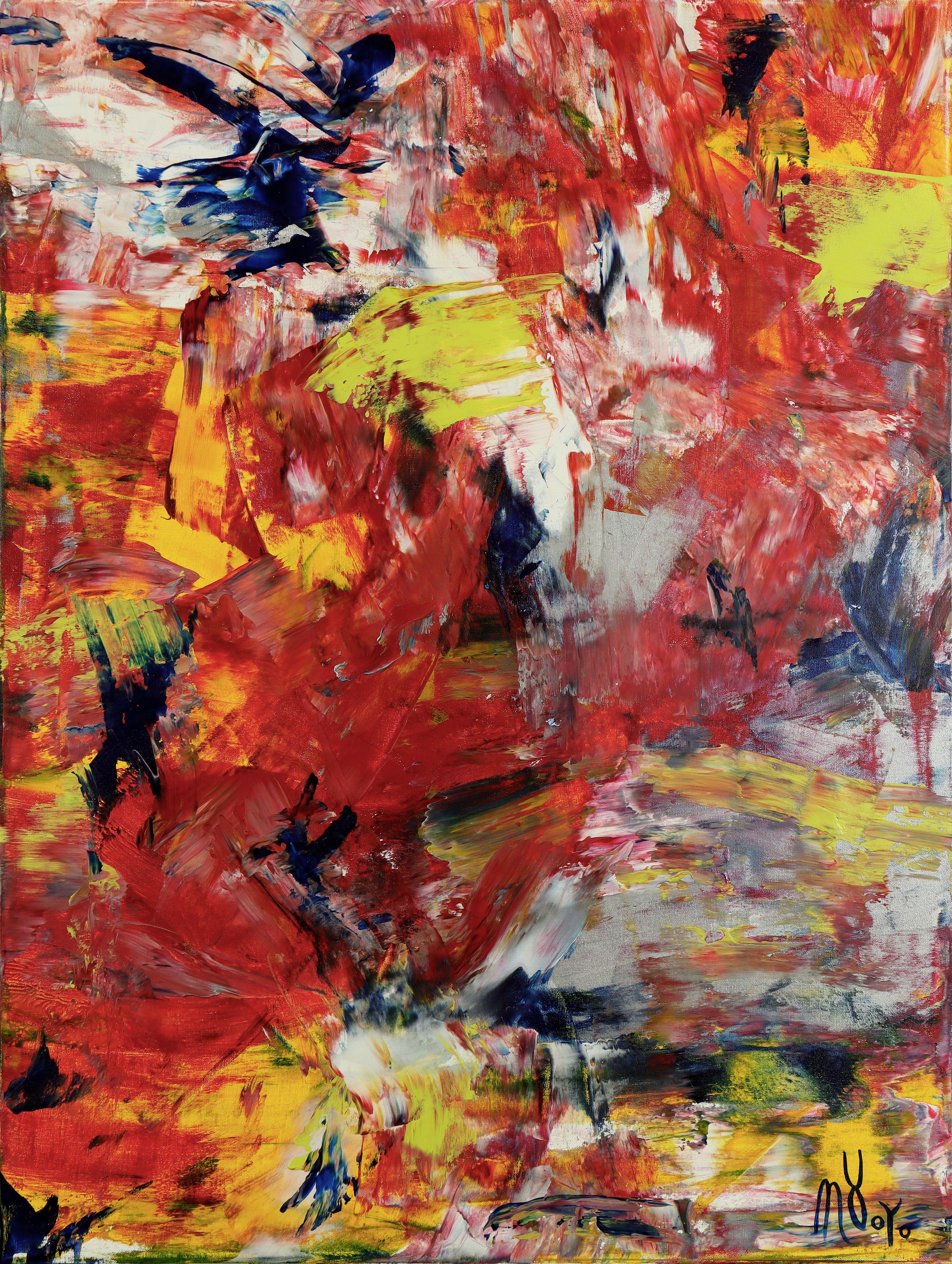 Abstract painting  acrylic on canvas    This artwork was created layering and blending many layers of bright bold colors lots of texture. Bright red, silver, white, blue and yellow, gloss finish.    Ready to hang and signed in front.    I include a