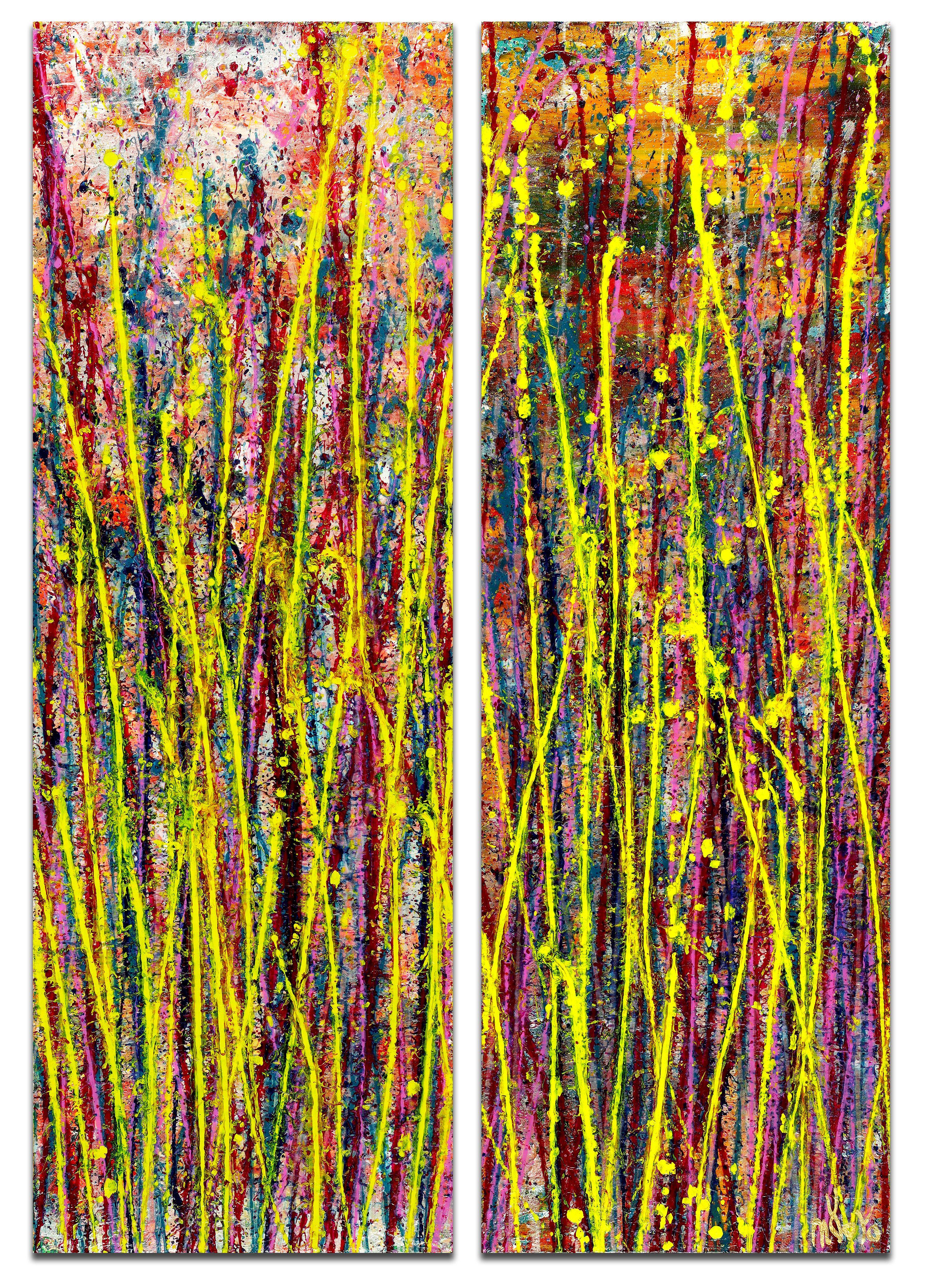 Two canvases 12W x 36H x 0.7 in each.    Expressive modern abstract, bold full of life, gloss and shimmer! inspired by nature, many shades combined with mica particles and iridescent silver drizzles. Ready to hang and signed on the second canvas.   