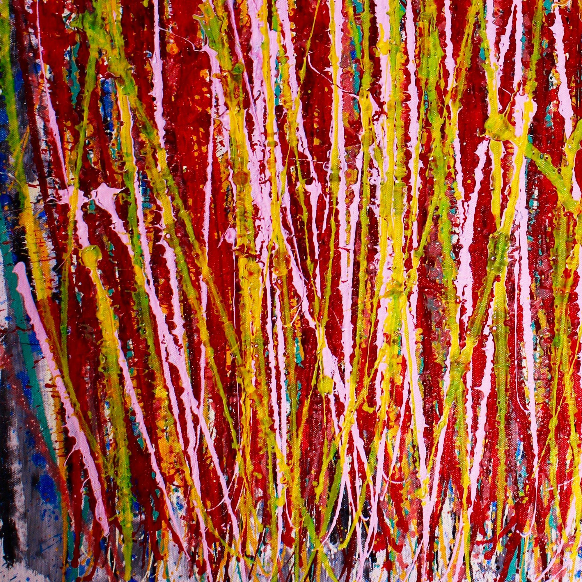 Quadro pieno di energia con gocce di molti colori e sfondo scuro, di ispirazione contemplativa notturna. Un dipinto a goccia in campo cromatico molto dinamico ed espressivo. Texture e stratificazione con acrilici fluidi e traslucidi e medium