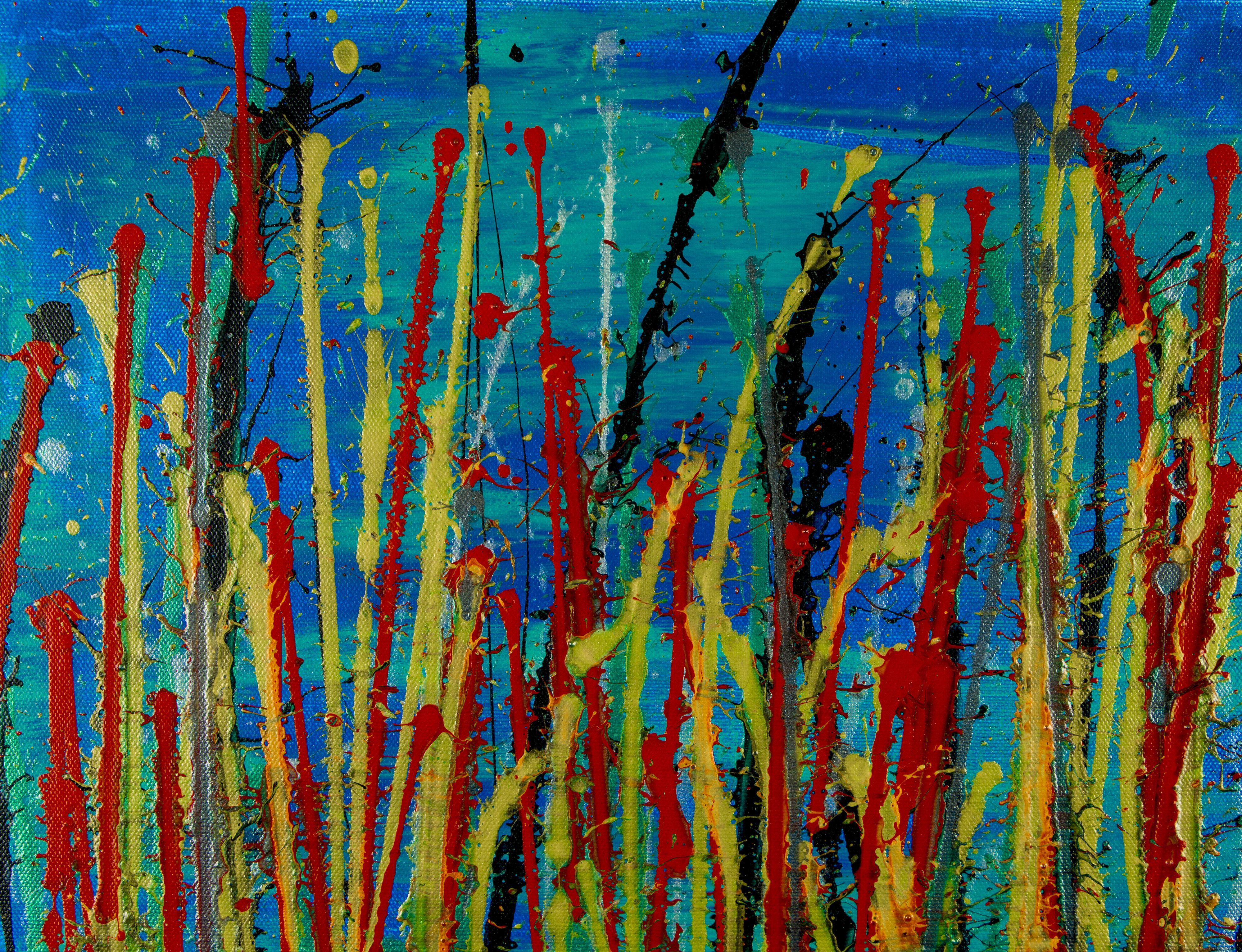 Pittura: Acrilico su tela.    Tre tele16 L x 20 H. x 0,7 pollici ciascuna.    Un astratto moderno ed espressivo, pieno di vita, lucentezza e brillantezza, ispirato alla natura. Tanti colori, giallo, rosso, verde, argento e vernice trasparente su uno