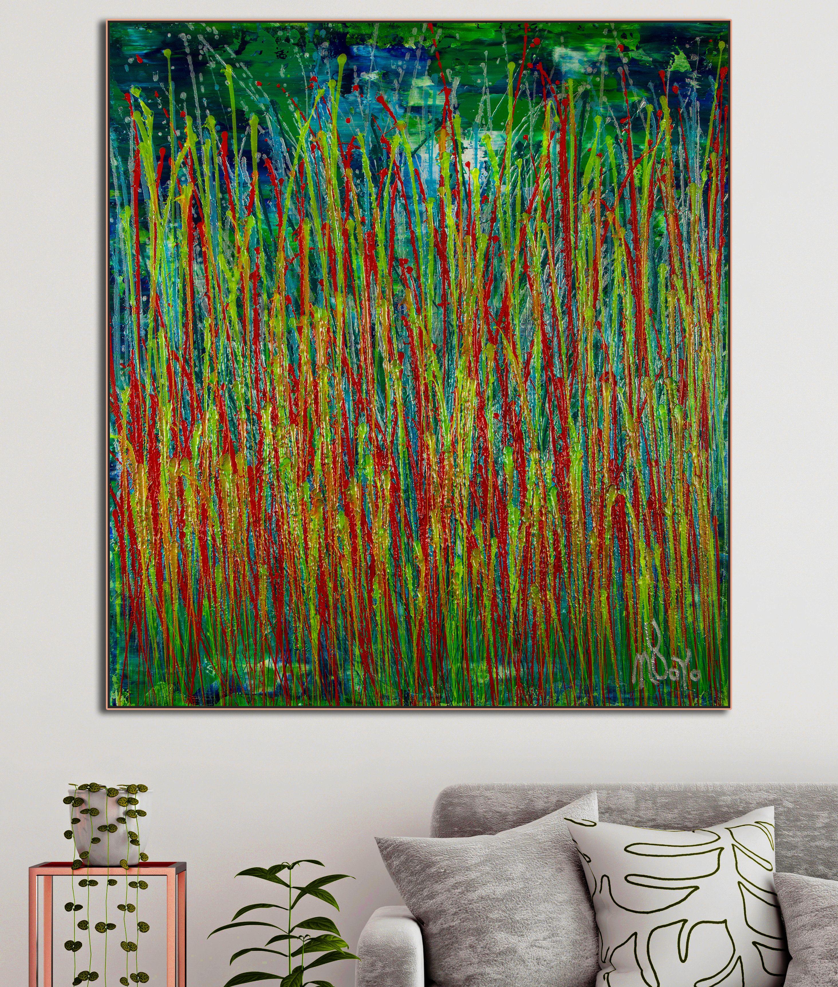 Painting: Acrylic on Canvas.    Expressive modern abstract, bold full of life, gloss and shimmer! inspired by nature, many shades and hues, florescent red, blue, yellow, silver over green background. signed in front with silver ink. Unframed