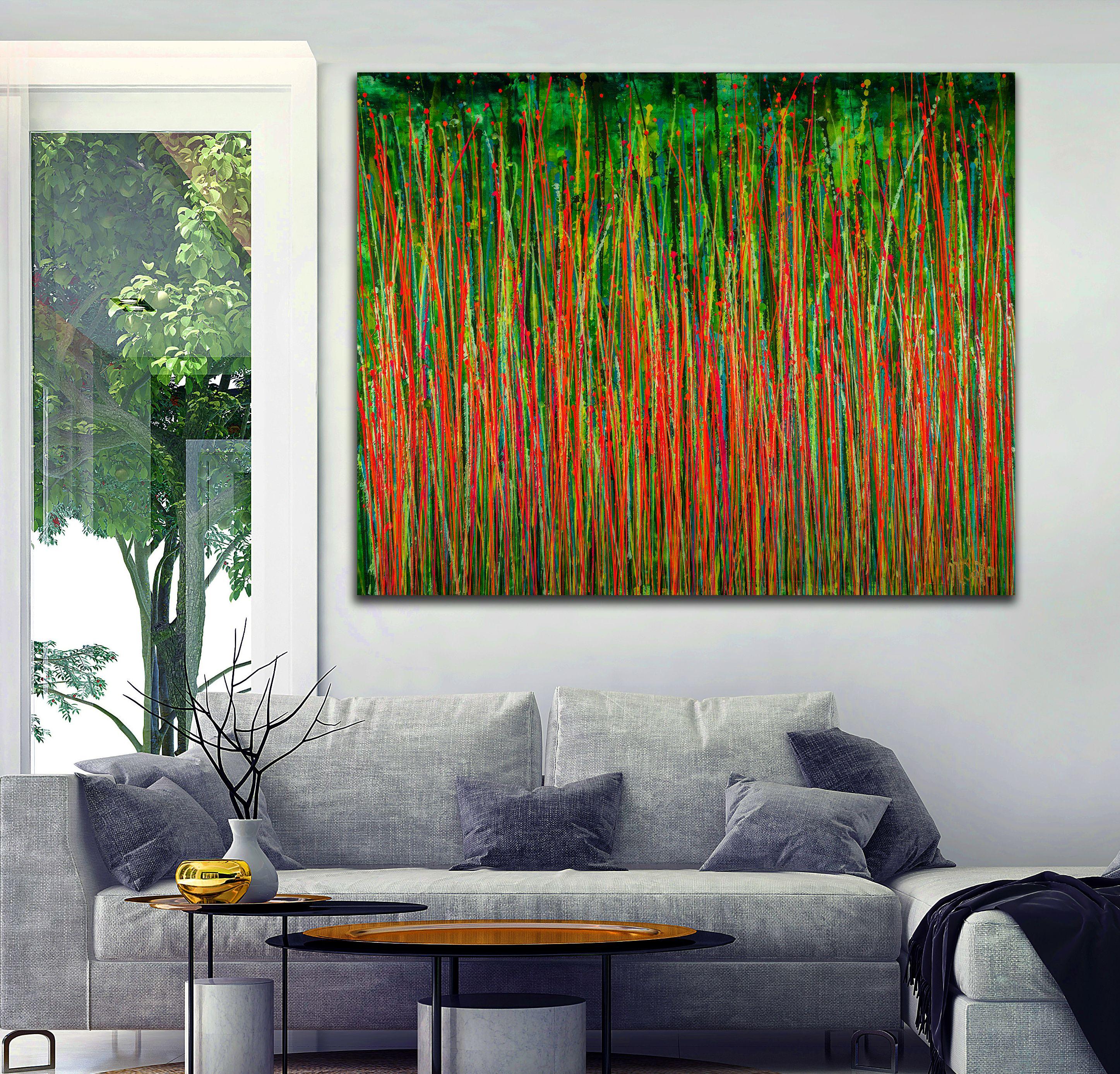 Painting: Acrylic on Canvas.    Expressive modern abstract, bold full of life, gloss and shimmer! inspired by nature, many shades and hues, florescent red, orange, pink ,yellow, silver and greens over green background. signed in front with gold ink.