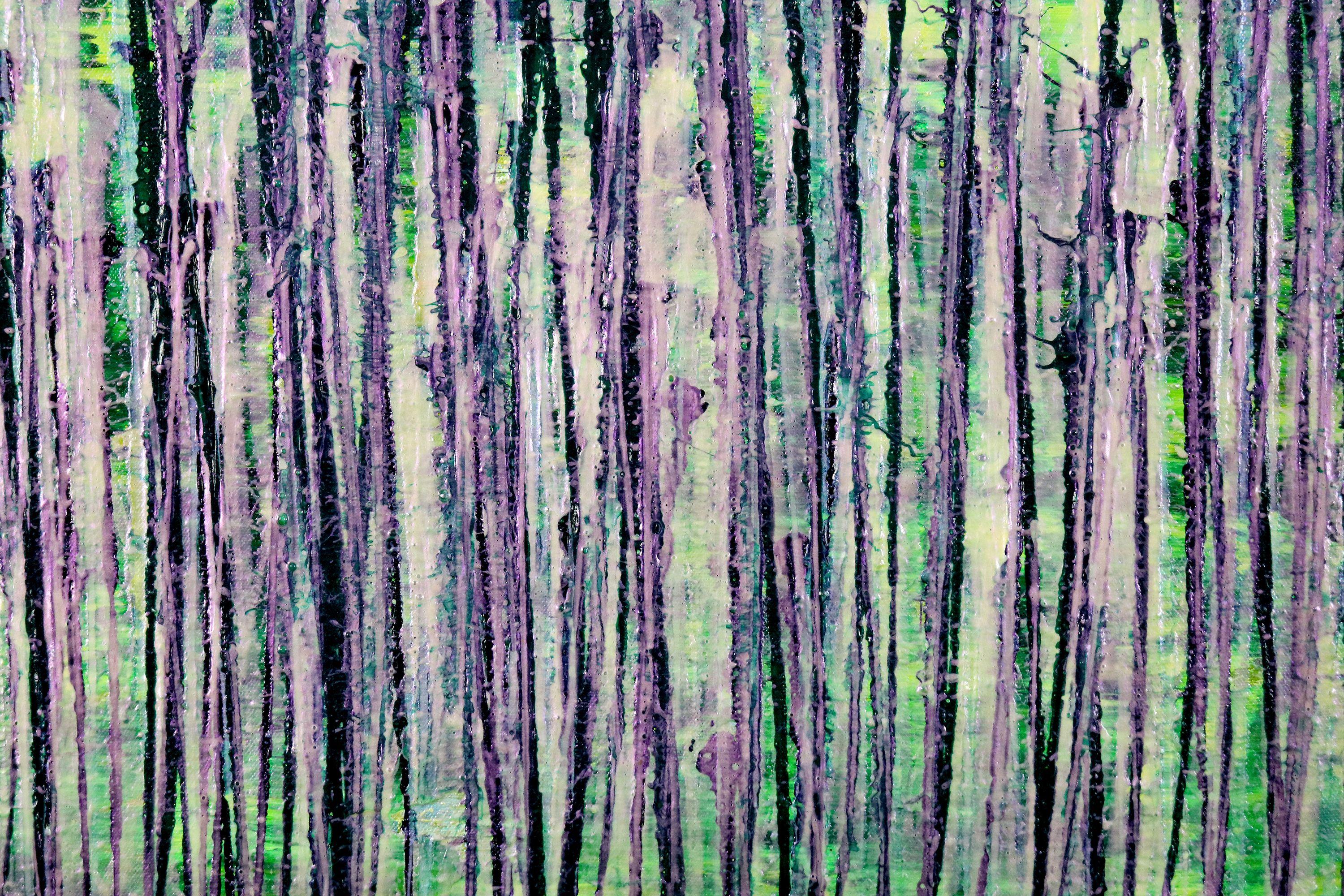 Inspired by the vibrant colors of the forest. This expressionistic abstract uses lots of greenery background with green drizzles and with a burst of iridescent clear purple and blue mica particles.  Signed in front.    I include a certificate of