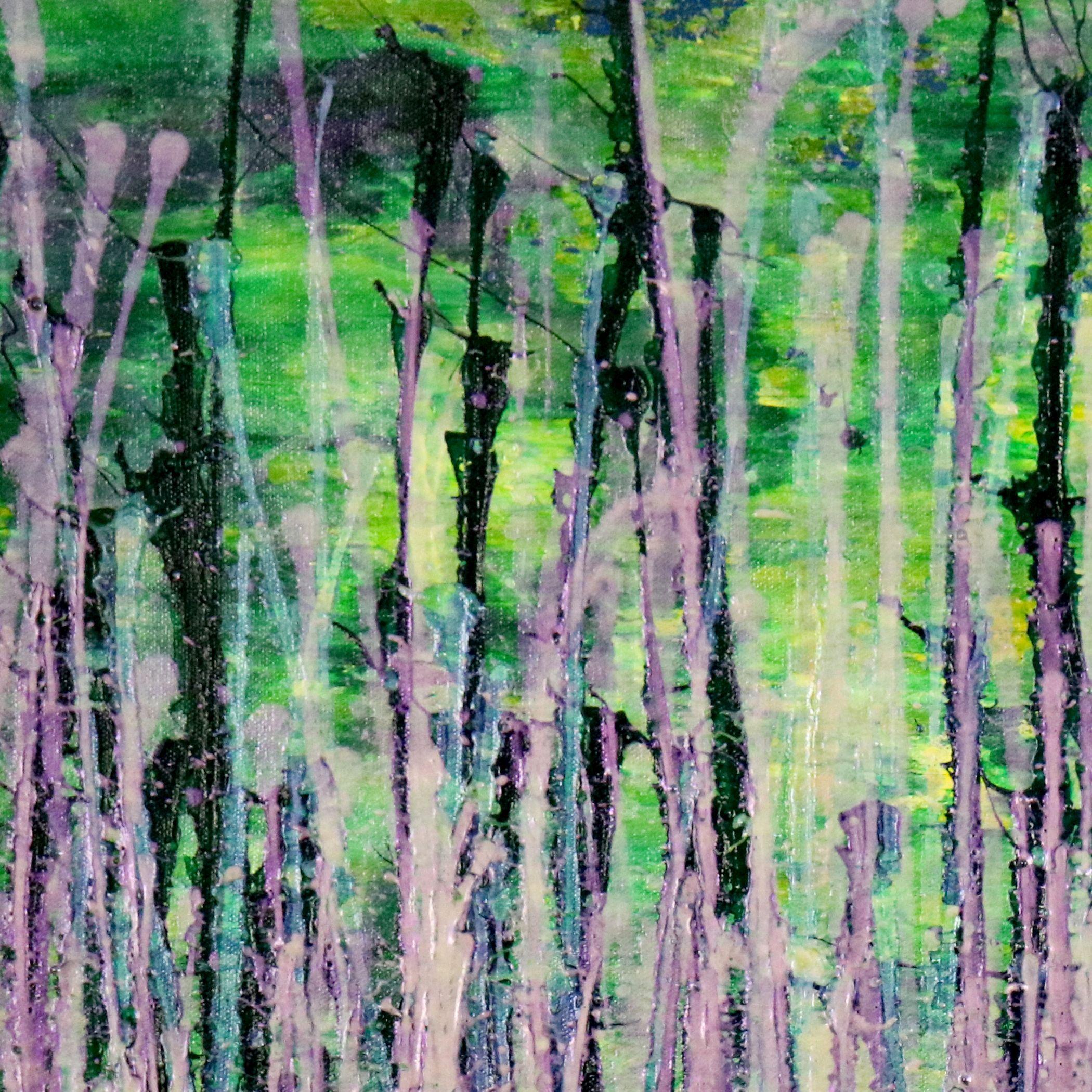 Inspired by the vibrant colors of the forest. This expressionistic abstract uses lots of greenery background with green drizzles and with a burst of iridescent clear purple and blue mica particles. Signed in front.    I include a certificate of