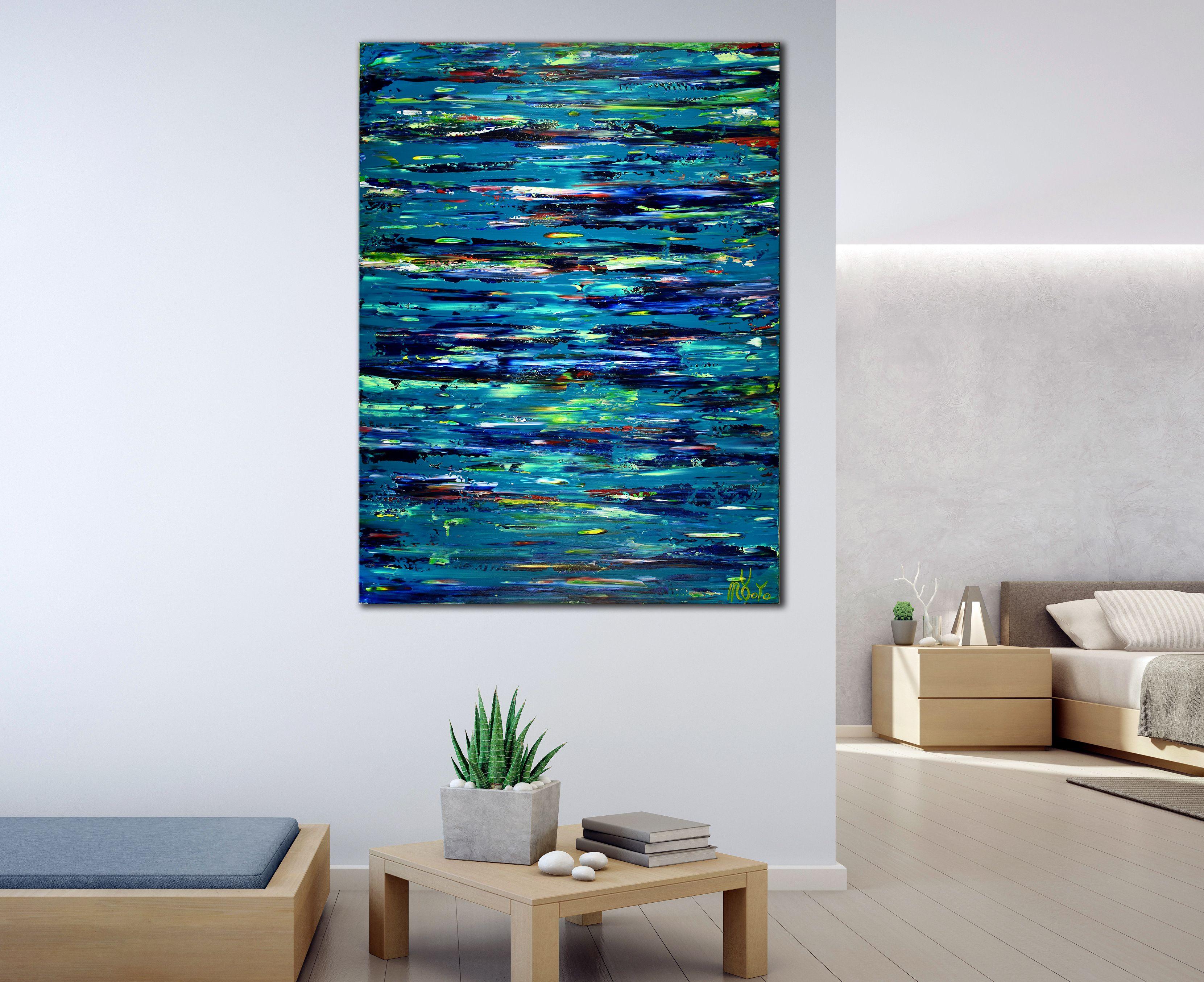 Textured inspired by nature abstract, many shade of blue color blending and teal with yellow, orange, red and green details. This painting arrives mounted in a wooded frame, ready to hang and signed in front.    I include a certificate of