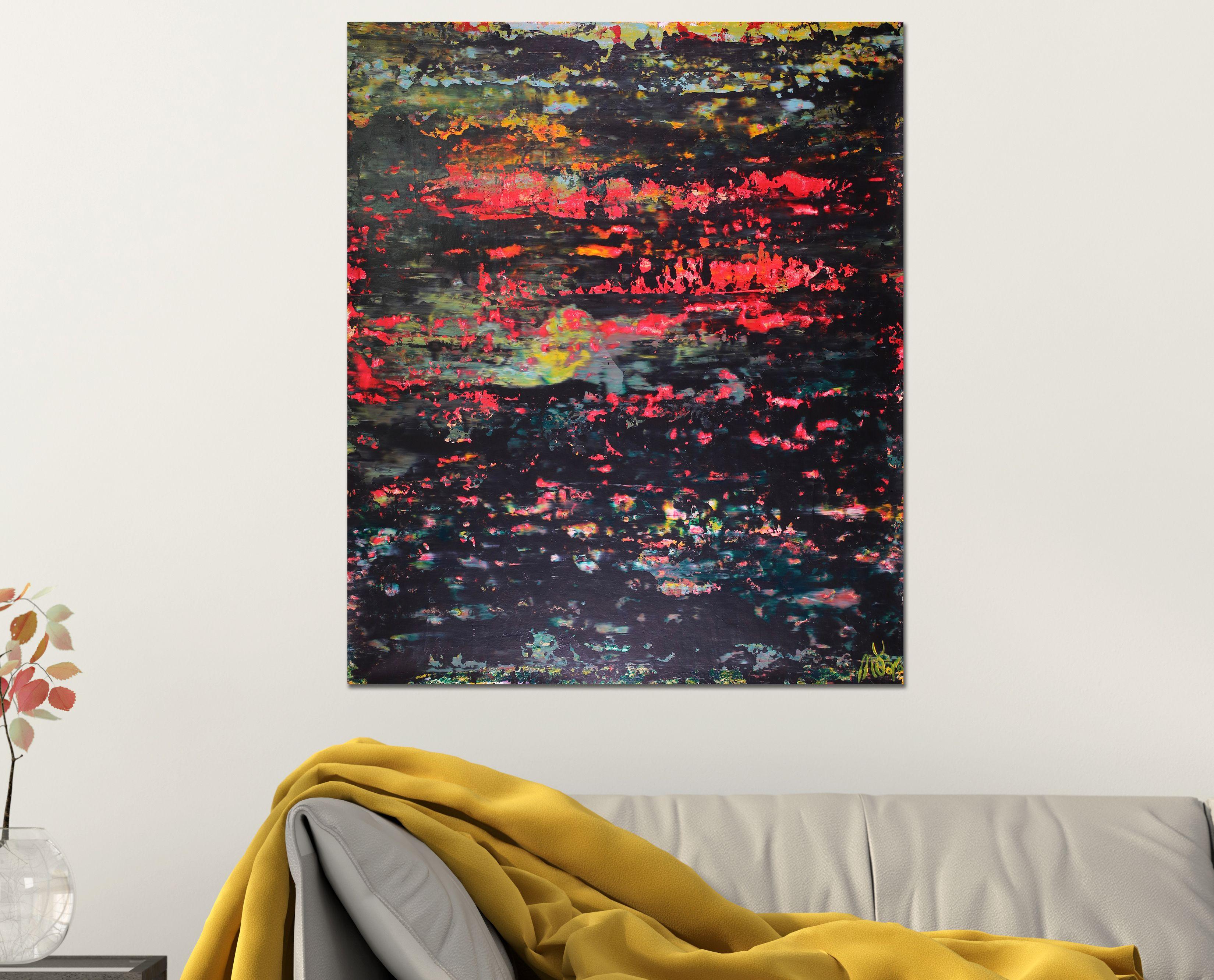For this painting I decided to go very dark!!! with a bright background and bring colors coming through. Red, teal, yellow, and orange. Bold color field. Signed.    Done on a high quality loose canvas, shipped rolled in a tube. Simply take it to