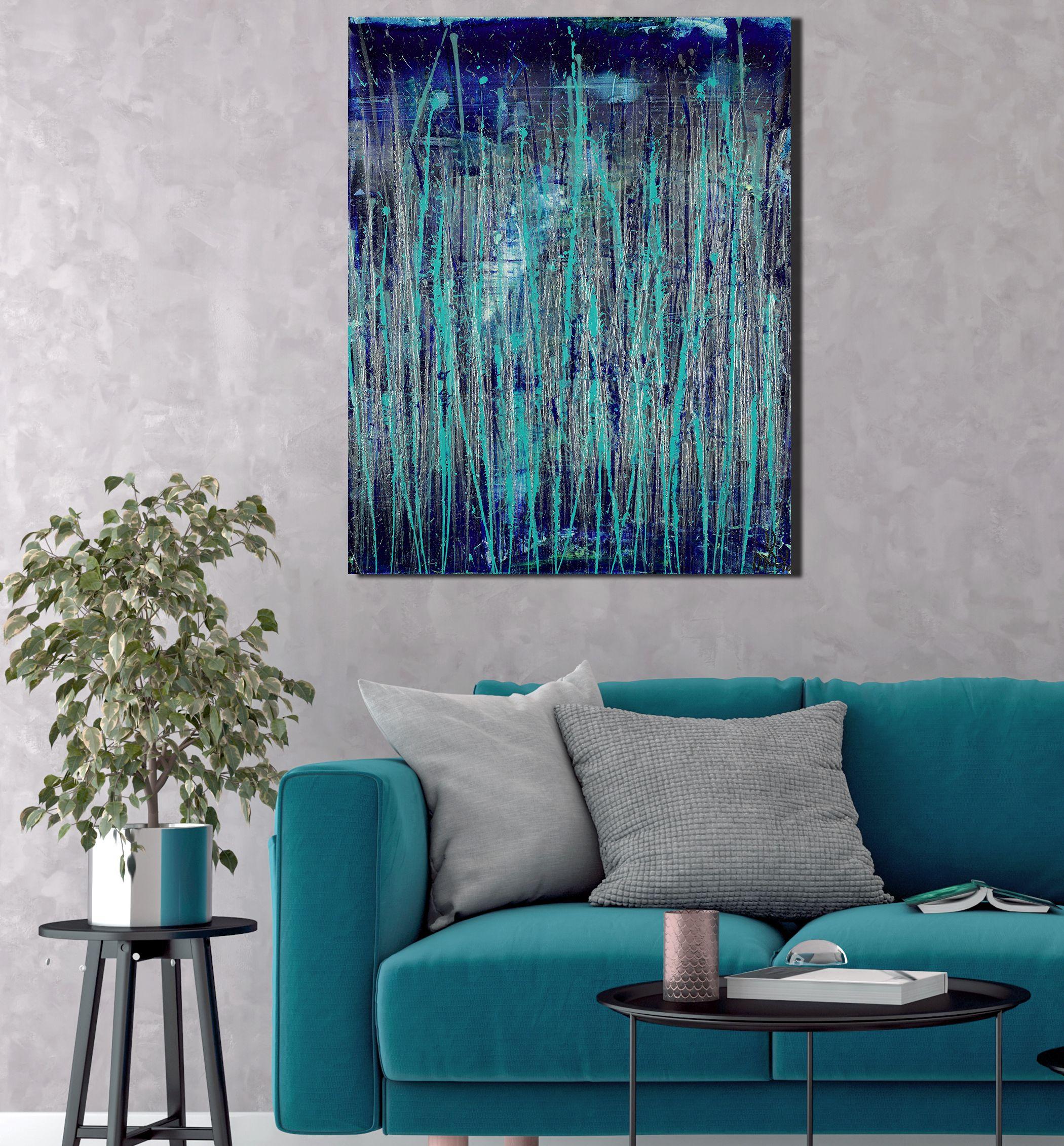 Vibrant expressionistic Inspired by nature abstract dark indigo blue, teal and silver background. Shades of metallic blue and silver. Ready to hang signed in front.    I include a certificate of authenticity that lists the materials as well as when