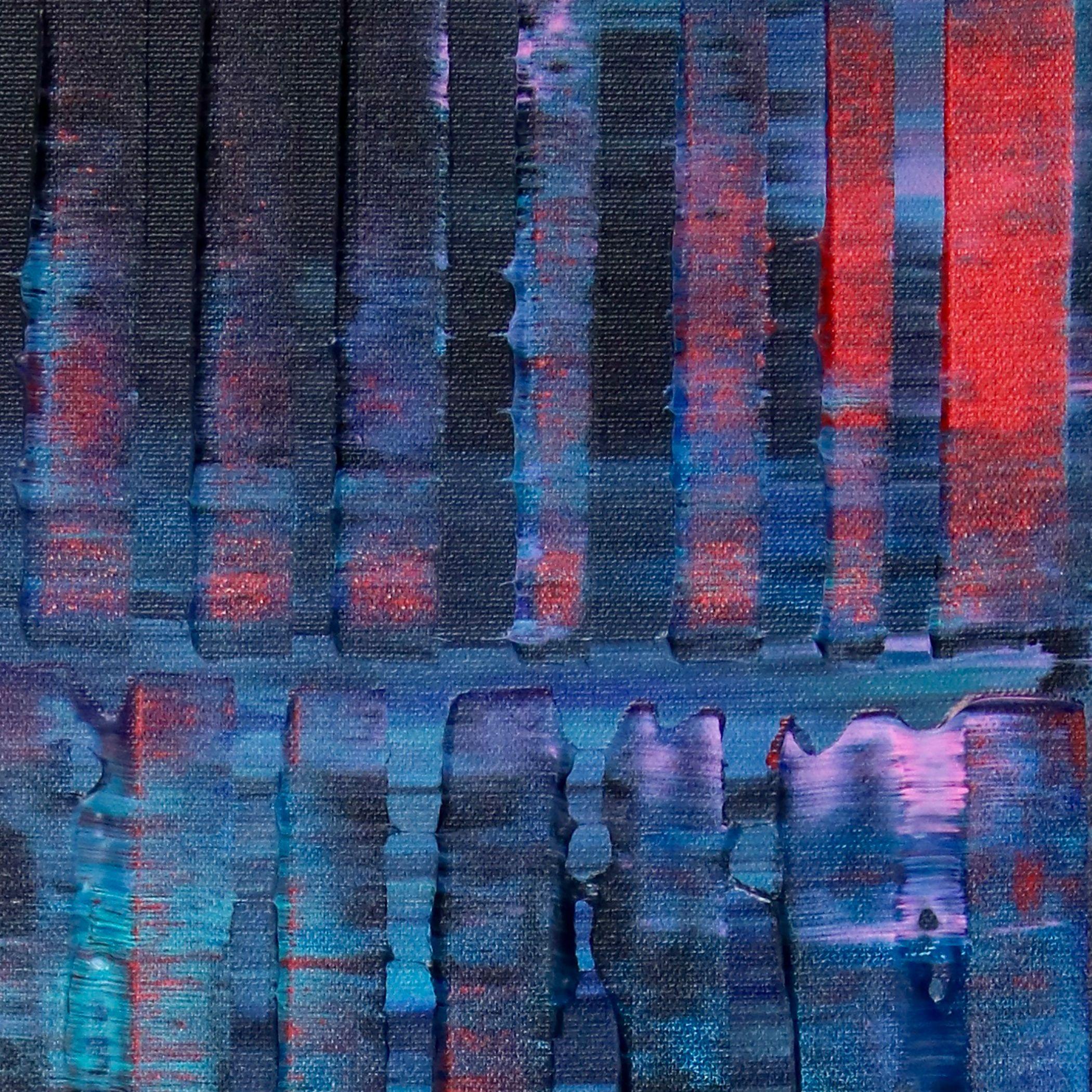 Abstraktes Farbfeld mit dunklen Schattierungen und auch viel Licht. Rot, Rosa und Blau, abgemildert durch Knochenschwarz. Dieses Gemälde wird auf einer Holzleinwand geliefert, die Seiten sind bemalt, vorne signiert.    Ich lege ein