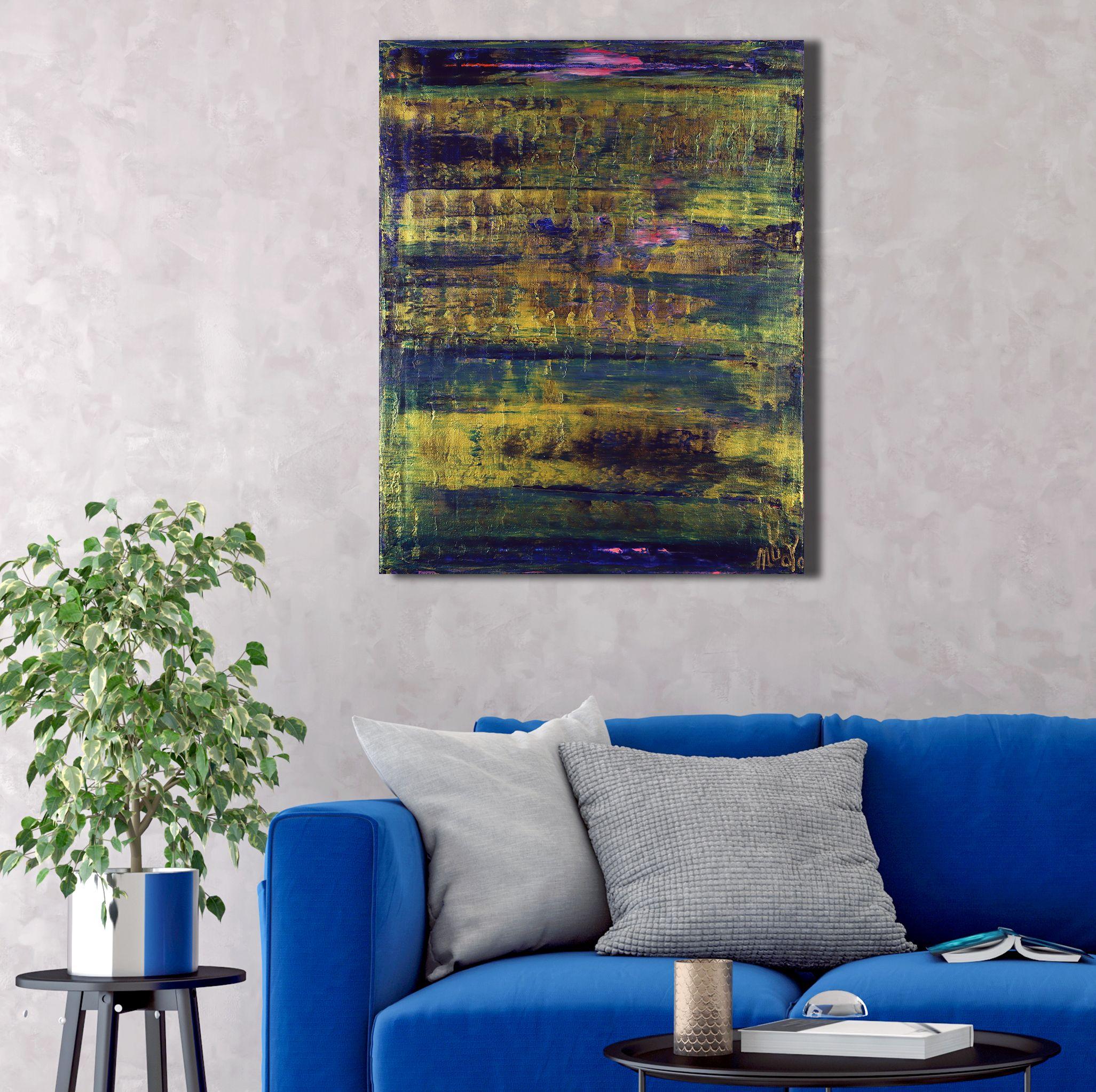 abstract painting  acrylic on canvas    This artwork was created layering and blending many layers blue, gold and a little pink.    Ready to hang    I include a certificate of authenticity that lists the materials as well as when the painting was