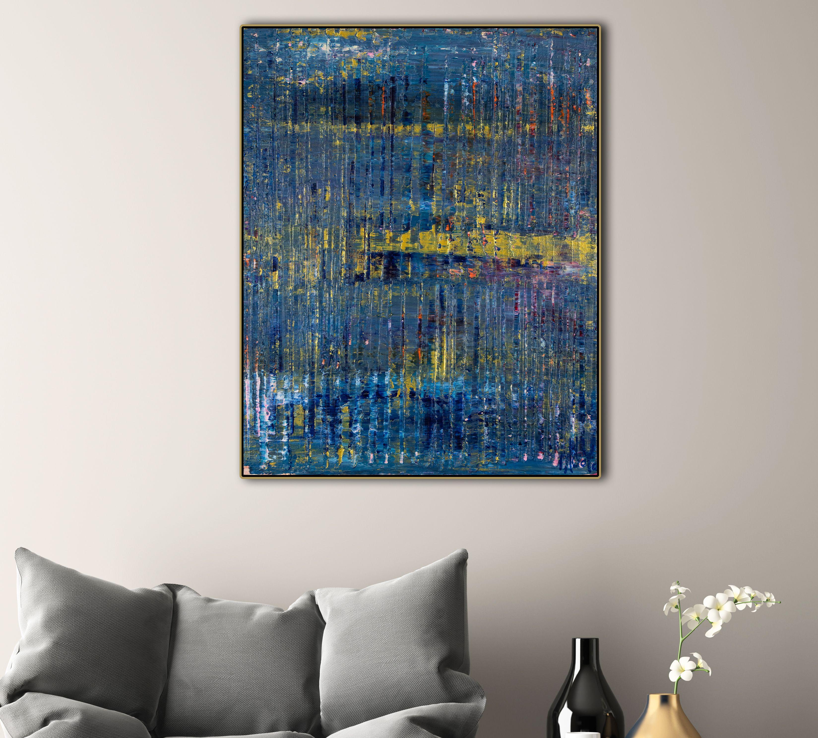 abstract painting  acrylic on canvas    This artwork was created layering and blending many layers blue, gold and a little pink, orange and beige.    Ready to hang    I include a certificate of authenticity that lists the materials as well as when