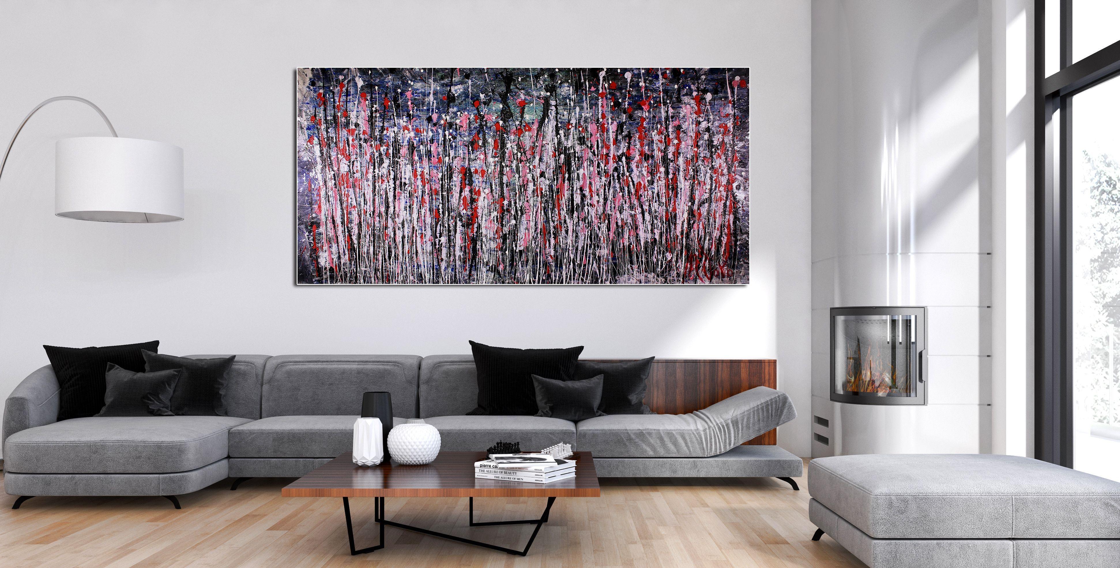 DARK, IMPACTFUL, STATEMENT ARTWORK!    Dark iridescent glossy background and color drips for this very contemplative painting. Colors include dark colors, red, pink, white, and some pearl. Very expressive abstract painting.     This work was created