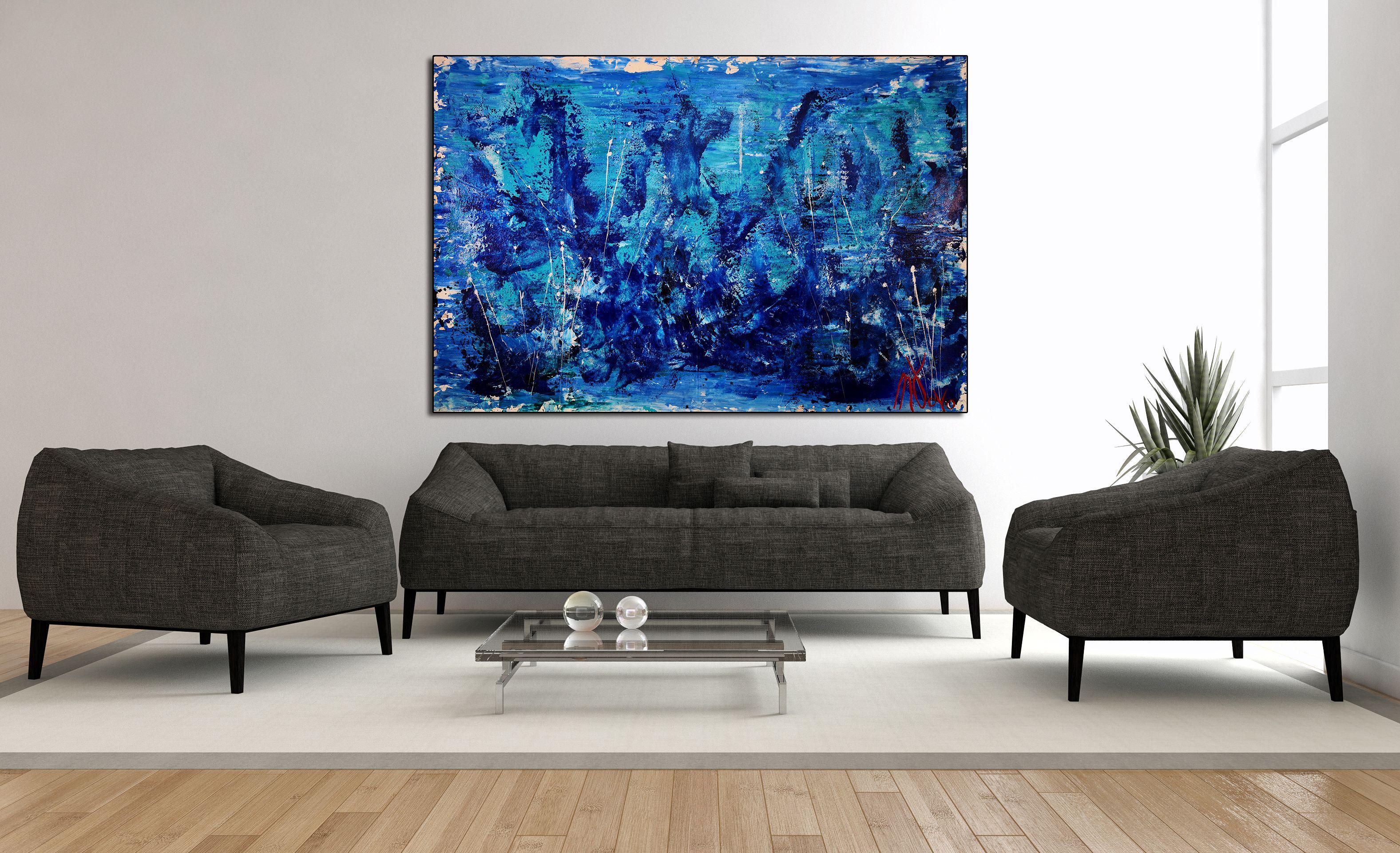 Acrylic action painting gestural big bold paint strokes different shades of blue and dark purple. Drizzles and drips of iridescent paint all over the deep color palette and iridescent mediums all around the white background. Statement piece!     