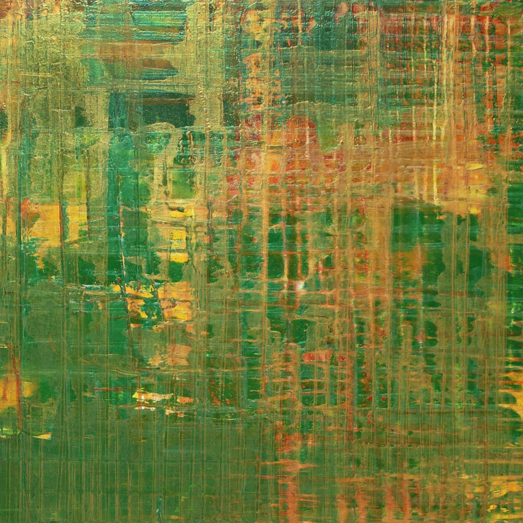 On solid ground is a very intricate color field. Lines of gold, nickel red gold and iridescent green mica particles make a grid in and out of bold emerald green. This painting is iridescent, reflective and impactful. Minimalist but with lots of