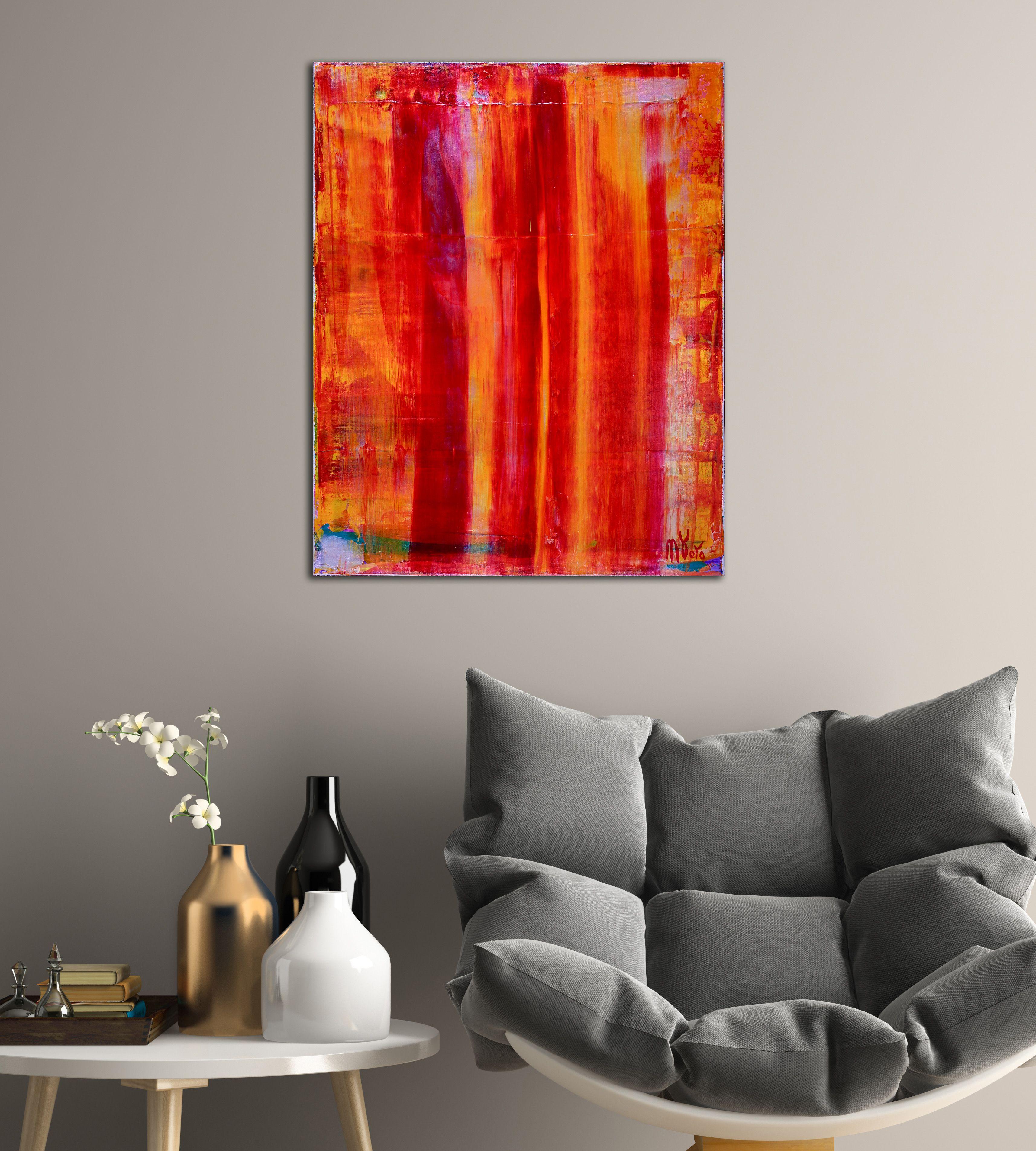 Acrilico arancione con alcune sfumature rosse, gialle e iridescenti, un'espressiva pittura di campo a colori contrastanti. Texture e stratificazione con acrilici fluidi e traslucidi e medium iridescenti.    ASTRATTI ORIGINALI DI PREGIO - UNICI NEL