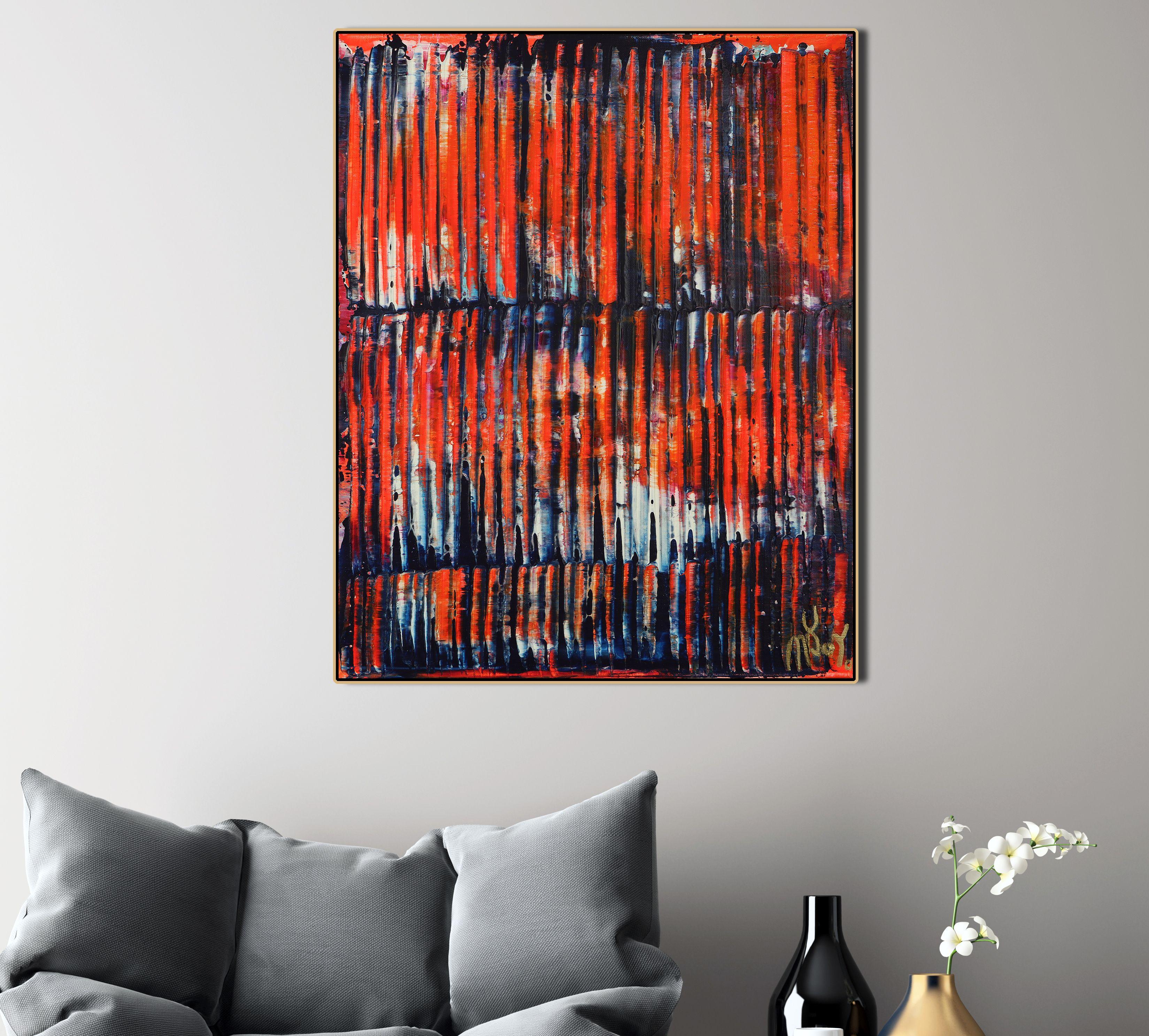 abstract painting  acrylic on canvas    This artwork was created layering and blending many layers blue, grey,white and red orange.    Ready to hang    I include a certificate of authenticity that lists the materials as well as when the painting was