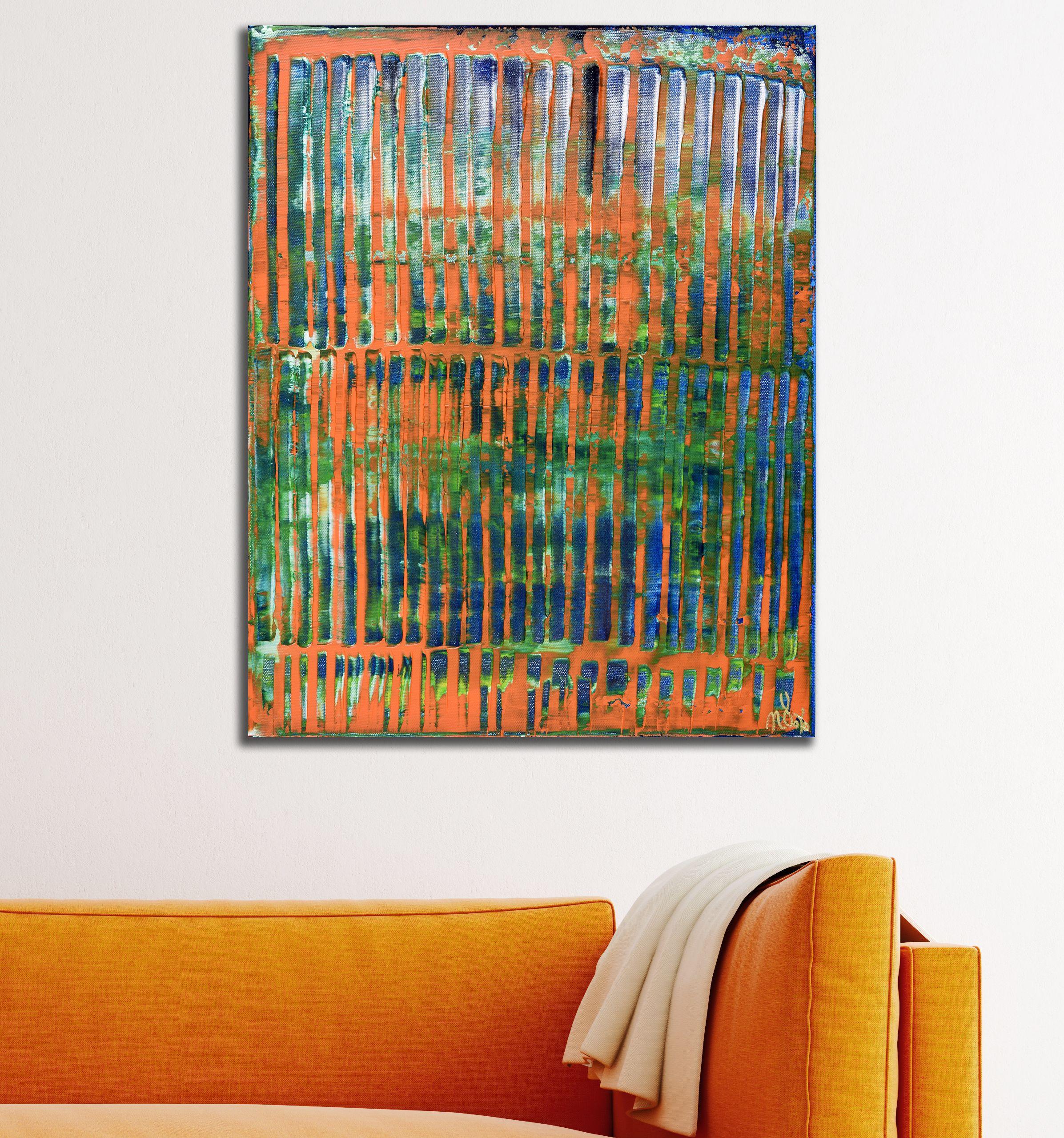 Mixed media acrylic and gouache (tempera) abstract colorfield with bold shades of orange, blue, silver and green undertones lots of light. This painting arrives mounted in a wooden canvas, sides painted, signed in front with 24k gold ink. Lots of