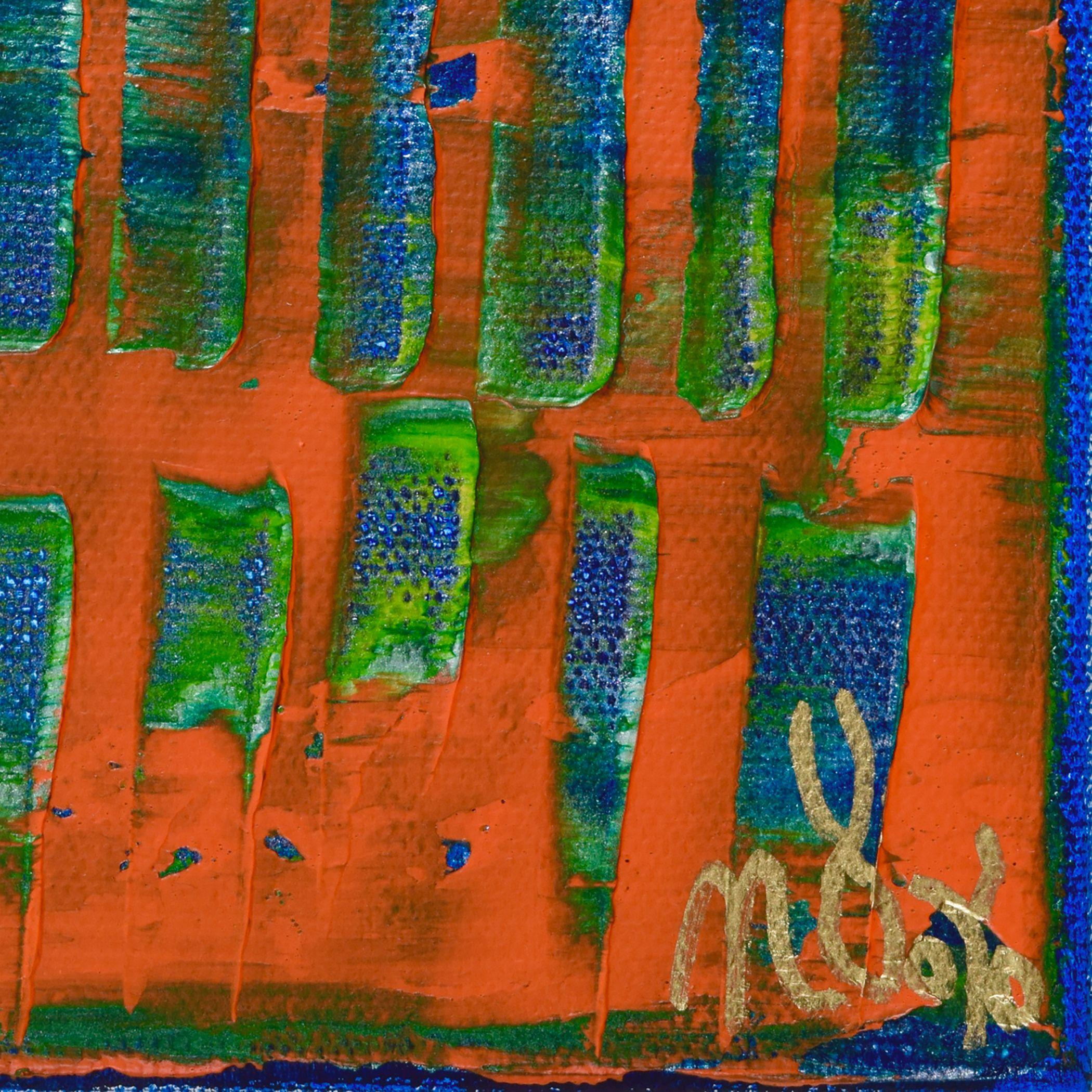 Abstraktes Farbfeld in Mischtechnik aus Acryl und Gouache (Tempera) mit kräftigen Orange-, Blau-, Silber- und Grüntönen und viel Licht. Dieses Gemälde wird auf einer hölzernen Leinwand montiert, an den Seiten bemalt und auf der Vorderseite mit