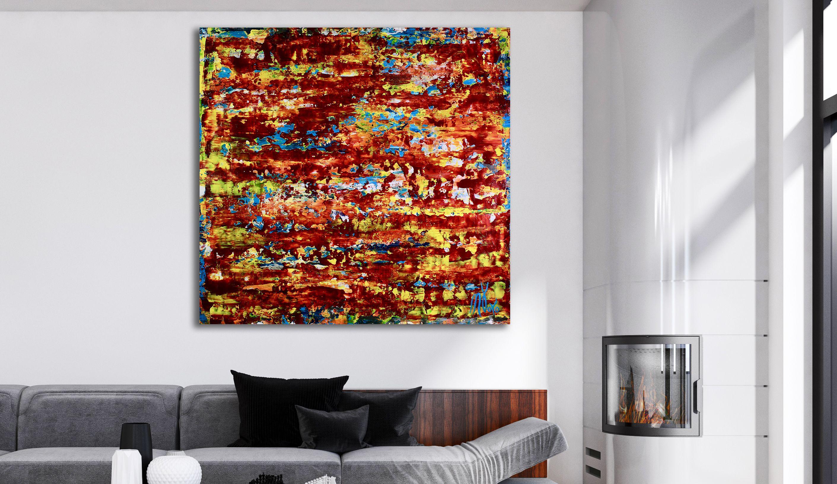 Textured, colorful and contemplative with lots of energy and movement. Textured with bright colors shades of blue, orange, crimson and yellow. High grade Golden acrylics and Windsor and newton inks over triple primed lose canvas. Signed.    ORIGINAL