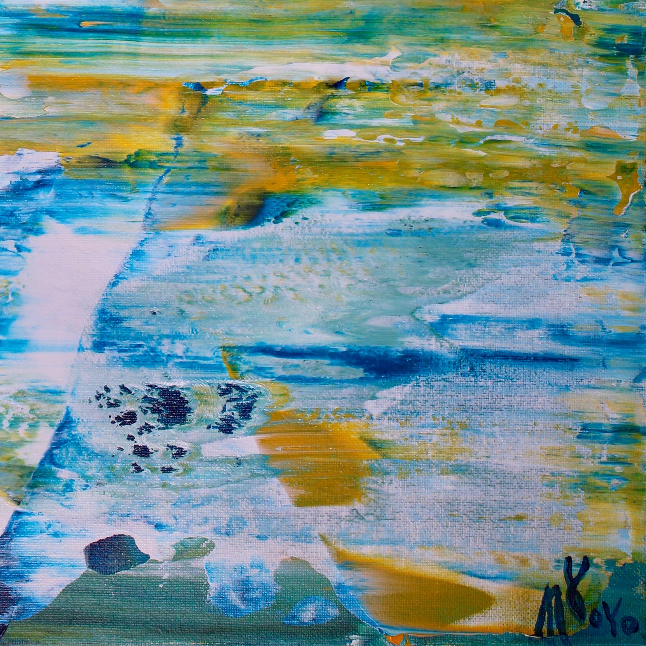 Pittura acrilica astratta di paesaggio con colori verdi, blu e gialli a contrasto. Texture e stratificazione con acrilici fluidi e traslucidi e medium iridescenti.    ASTRATTI ORIGINALI DI PREGIO - UNICI NEL LORO GENERE!  Realizzo solo opere
