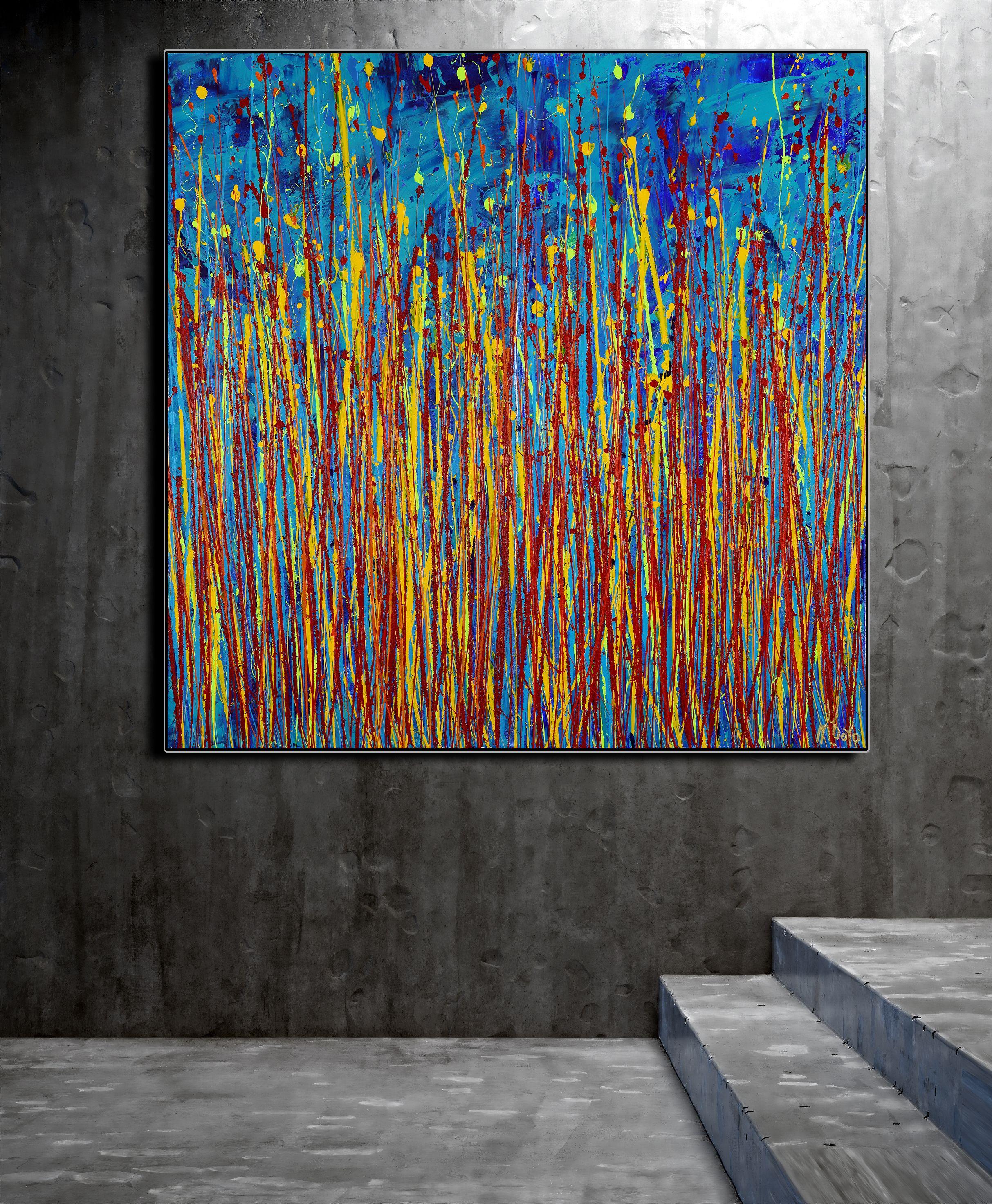 Un astratto moderno ed espressivo, pieno di vita, lucentezza e brillantezza! Ispirato alla Nature, molti toni brillanti combinati con particelle di mica e piogge iridescenti su blu marmorizzato. Pronto da appendere e firmato sulla seconda tela. Due