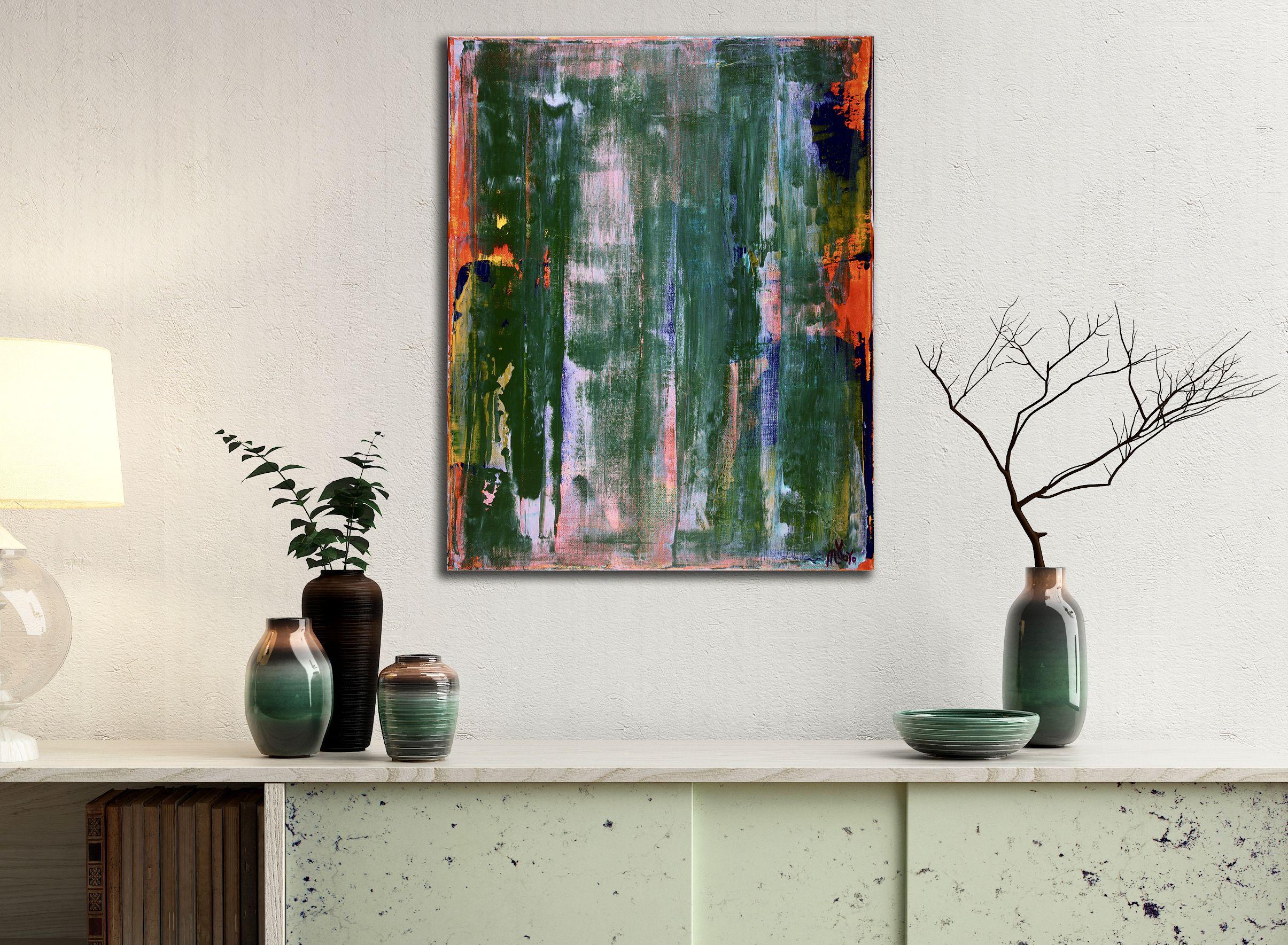 Quadro astratto contemporaneo in acrilico con molti colori sfumati, contrasti e dettagli. Ha lavorato con molti strati di gesso per preparare la tela e poi ha applicato i colori acrilici con spatole e spatole, creando texture e forme molto