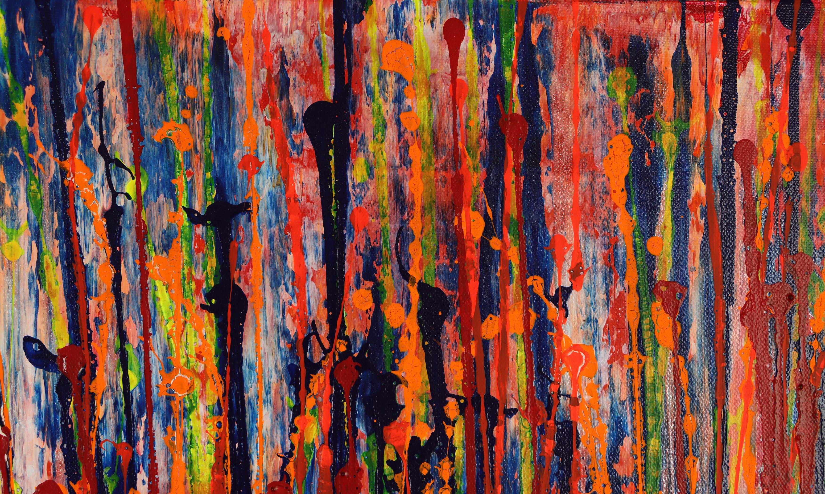 Pittura: Acrilico su tela.    Un astratto moderno ed espressivo, pieno di vita, lucentezza e brillantezza, ispirato alla natura. Sfumature di rosso fluo, giallo, blu, arancione su sfondo multicolore. firmato sul davanti con inchiostro blu.   