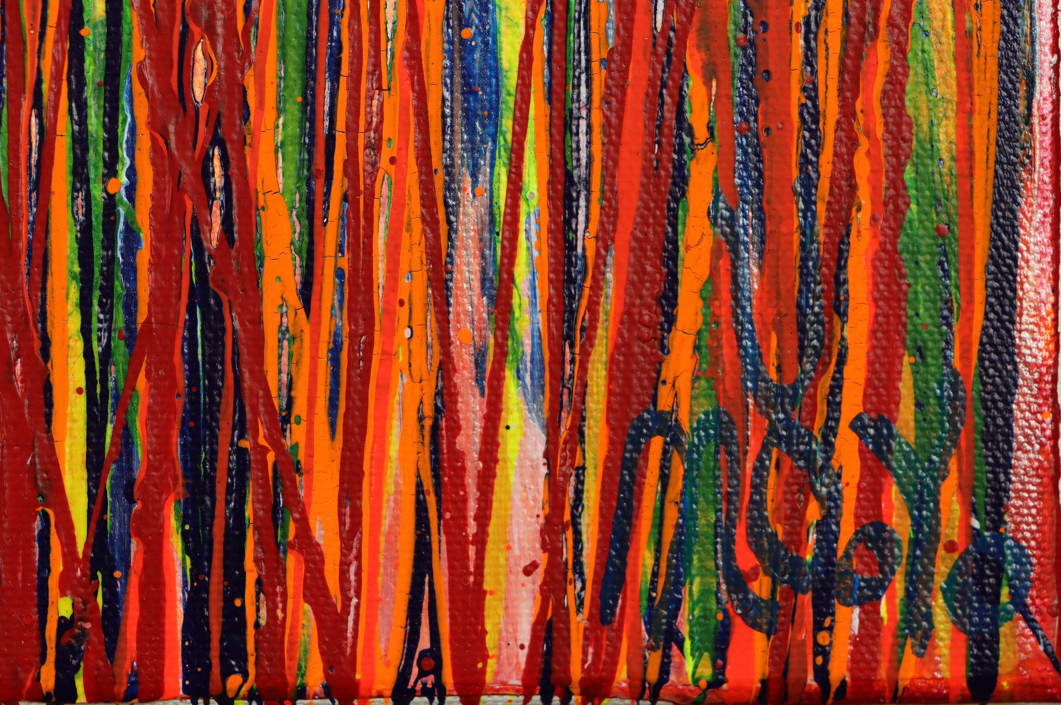 Gemälde: Acryl auf Leinwand.    Ausdrucksstarkes, modernes, abstraktes Bild voller Leben, Glanz und Schimmer! inspiriert von der Natur. Schattierungen von fluoreszierendem Rot, Gelb, Blau und Orange auf mehrfarbigem Hintergrund. Vorne mit blauer