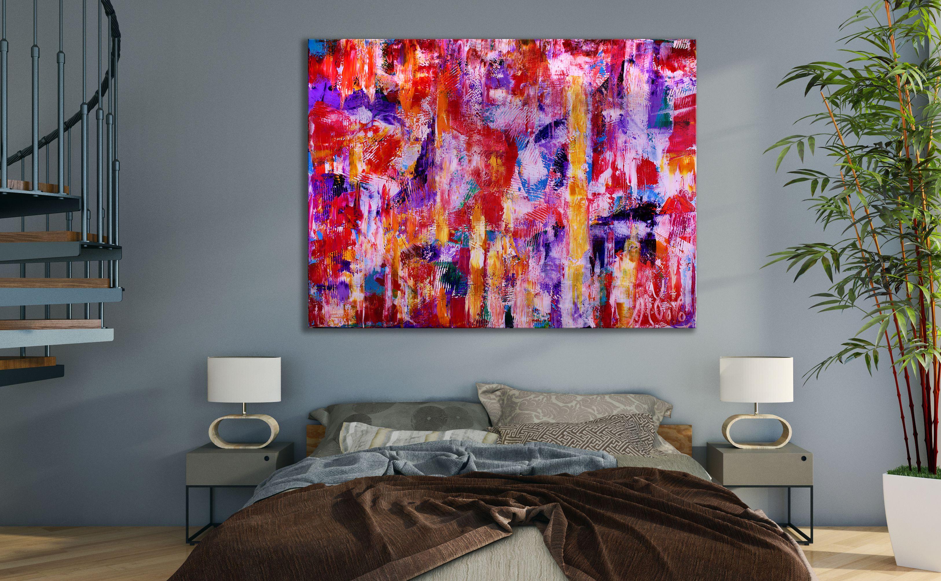Very vibrant and bold colorfield painting with great light and organic details. Textured with many layers of gesso to prime the canvas then applied acrylic paint with spatulas and palate knifes creating very organic textures and forms. Mainly red