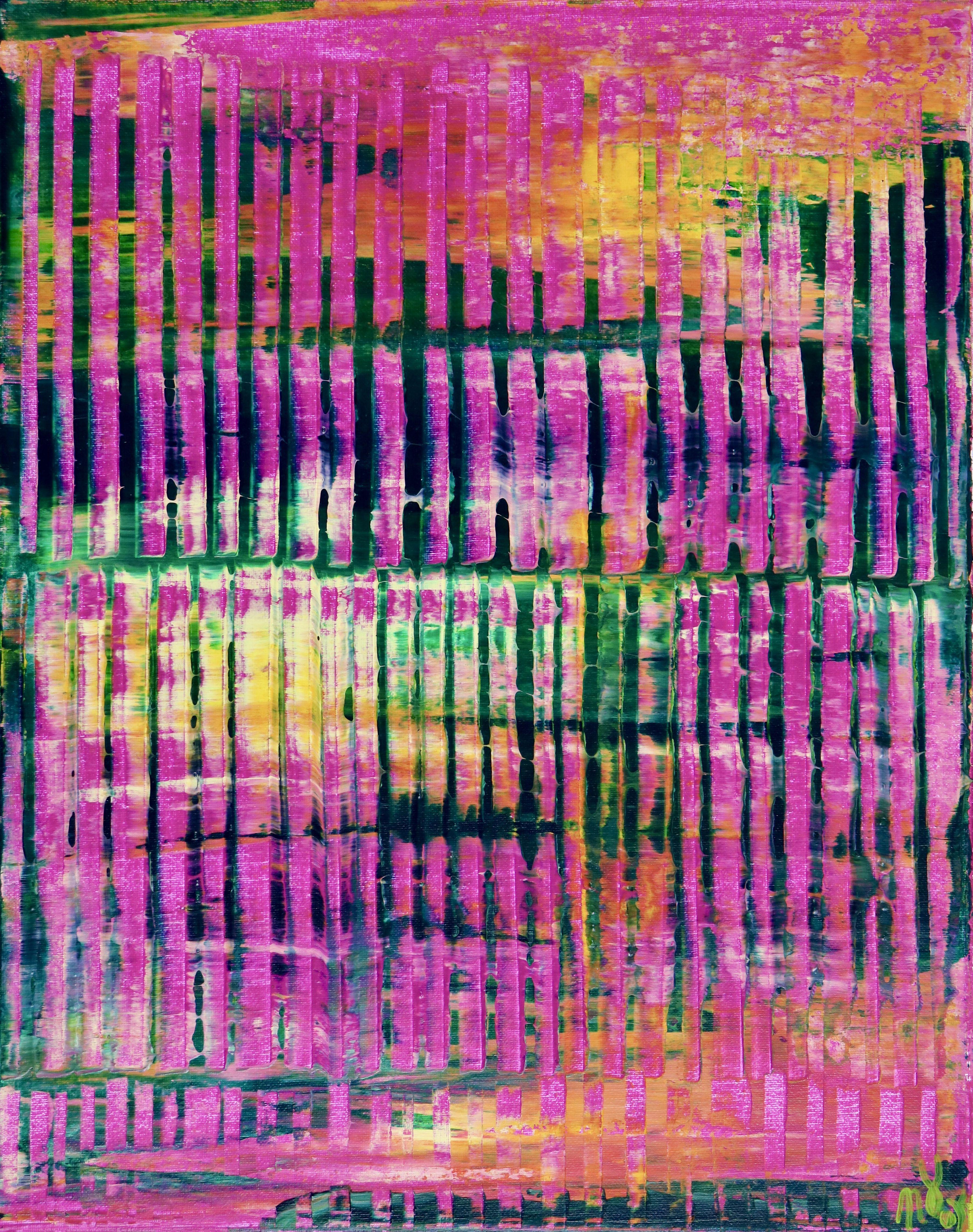 Nestor Toro Abstract Painting - Pink refractions (Green textures) 2, Painting, Acrylic on Canvas