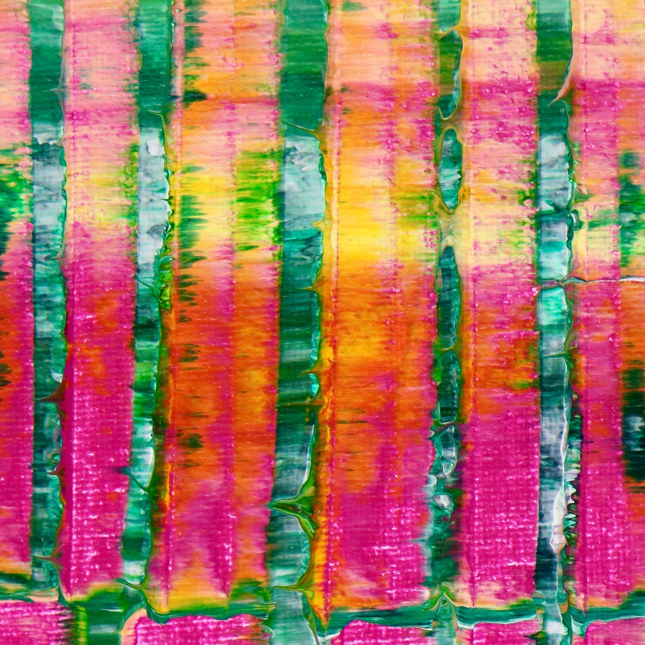 Acryl auf Leinwand  Fertig zum Aufhängen abstrakt    Abstraktes Farbfeld mit kräftiger Textur und Formen. Grün, rosa mit etwas gelb und orange viel Licht. Dieses Gemälde wird auf einer Holzleinwand geliefert, die Seiten sind bemalt, vorne signiert.