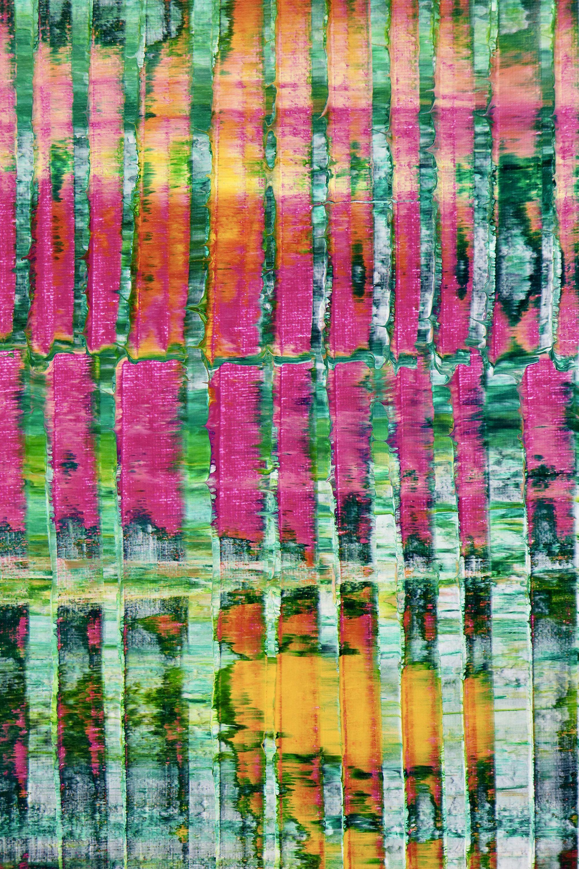 Acrilico su tela  Astratto pronto da appendere    Campo di colore astratto con texture e forme audaci. Verde, rosa con qualche giallo e arancione, molta luce. Questo quadro arriva montato in una tela di legno, con i lati dipinti, firmato sul