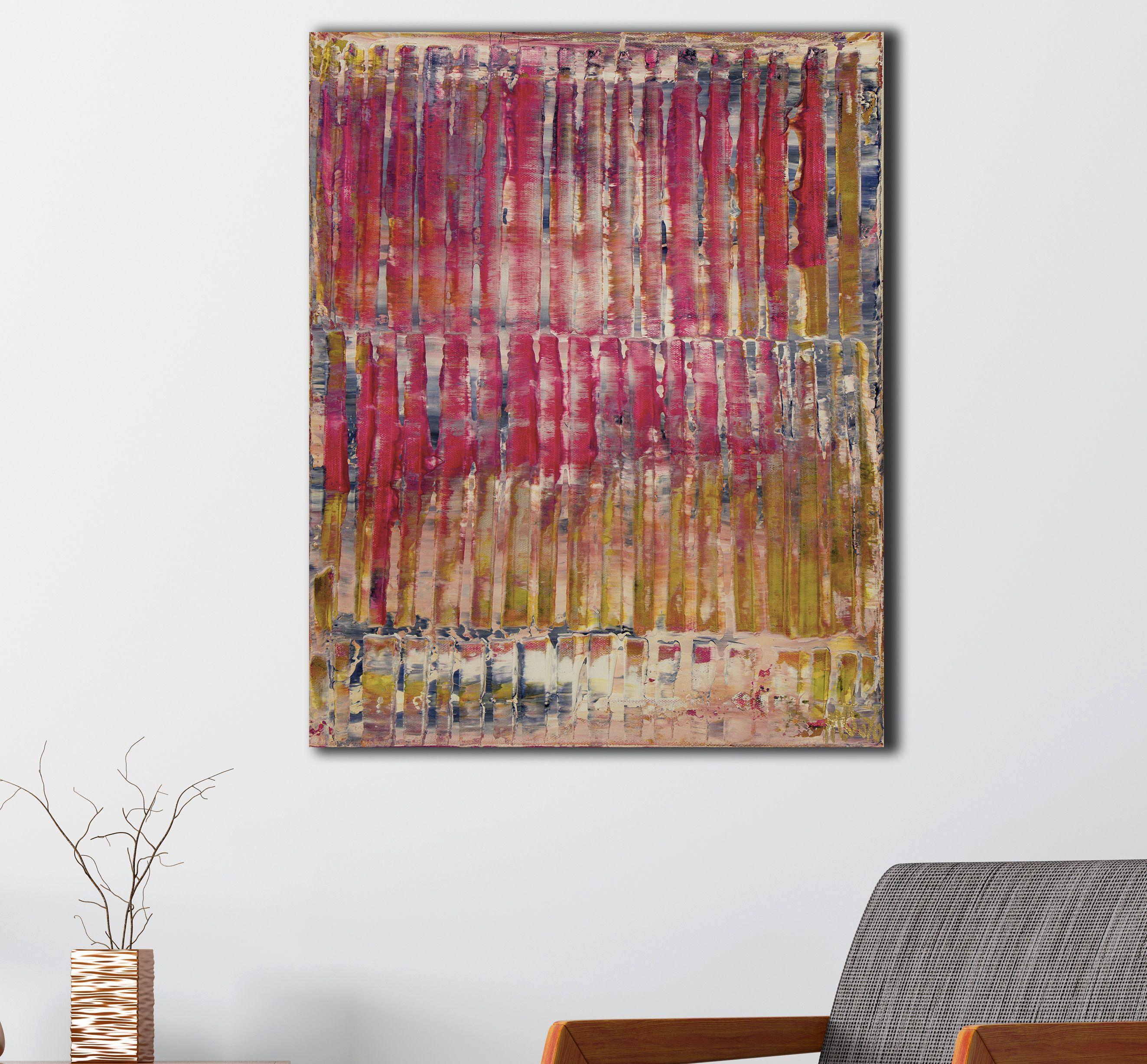 Abstract colorfield with bold shades of bright pink, yellow and purple undertones lots of light. This painting arrives mounted in a wooden canvas, sides painted, signed in front. Lots of texture!    I include a certificate of authenticity that lists
