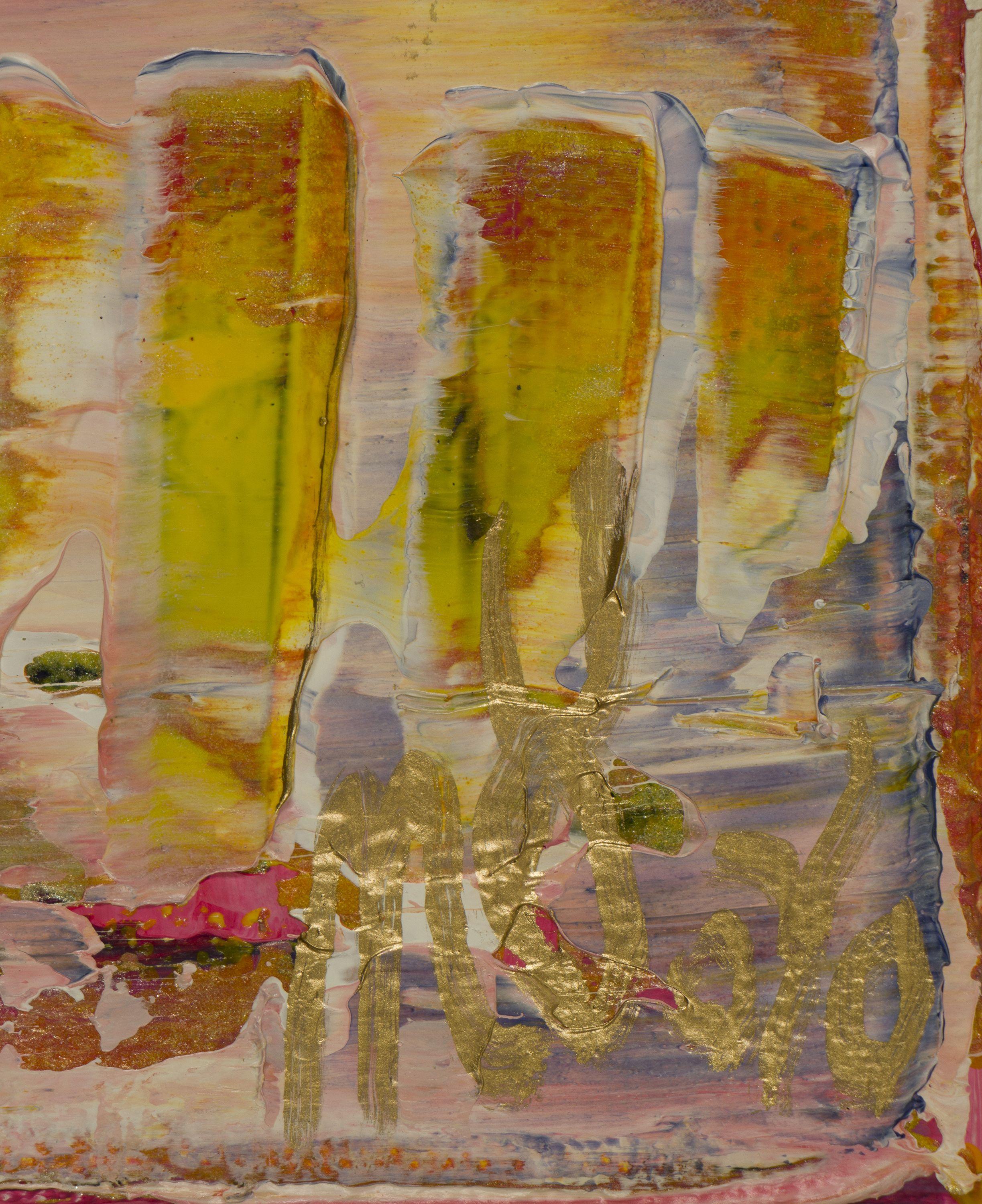 Campo di colore astratto con audaci sfumature di rosa acceso, giallo e viola, con molta luce. Questo quadro arriva montato in una tela di legno, con i lati dipinti, firmato sul davanti. Tanta consistenza!    Includo un certificato di autenticità che