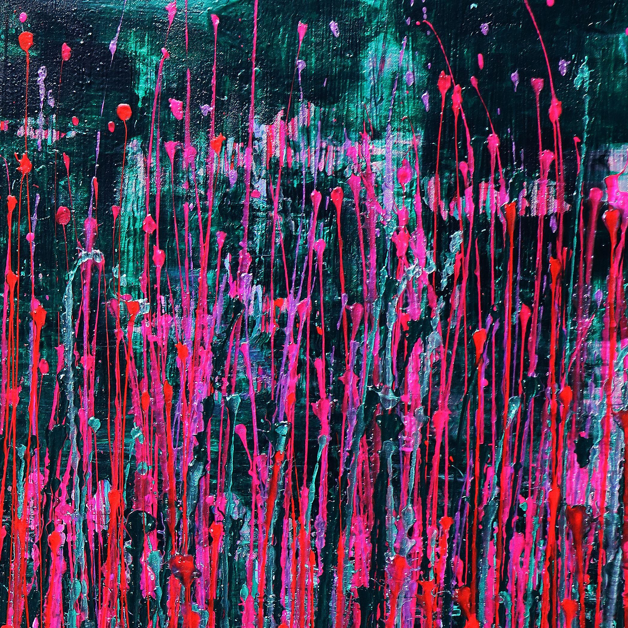 Pink synergy (Fantasy garden), Painting, Acrylic on Canvas - Black Abstract Painting by Nestor Toro