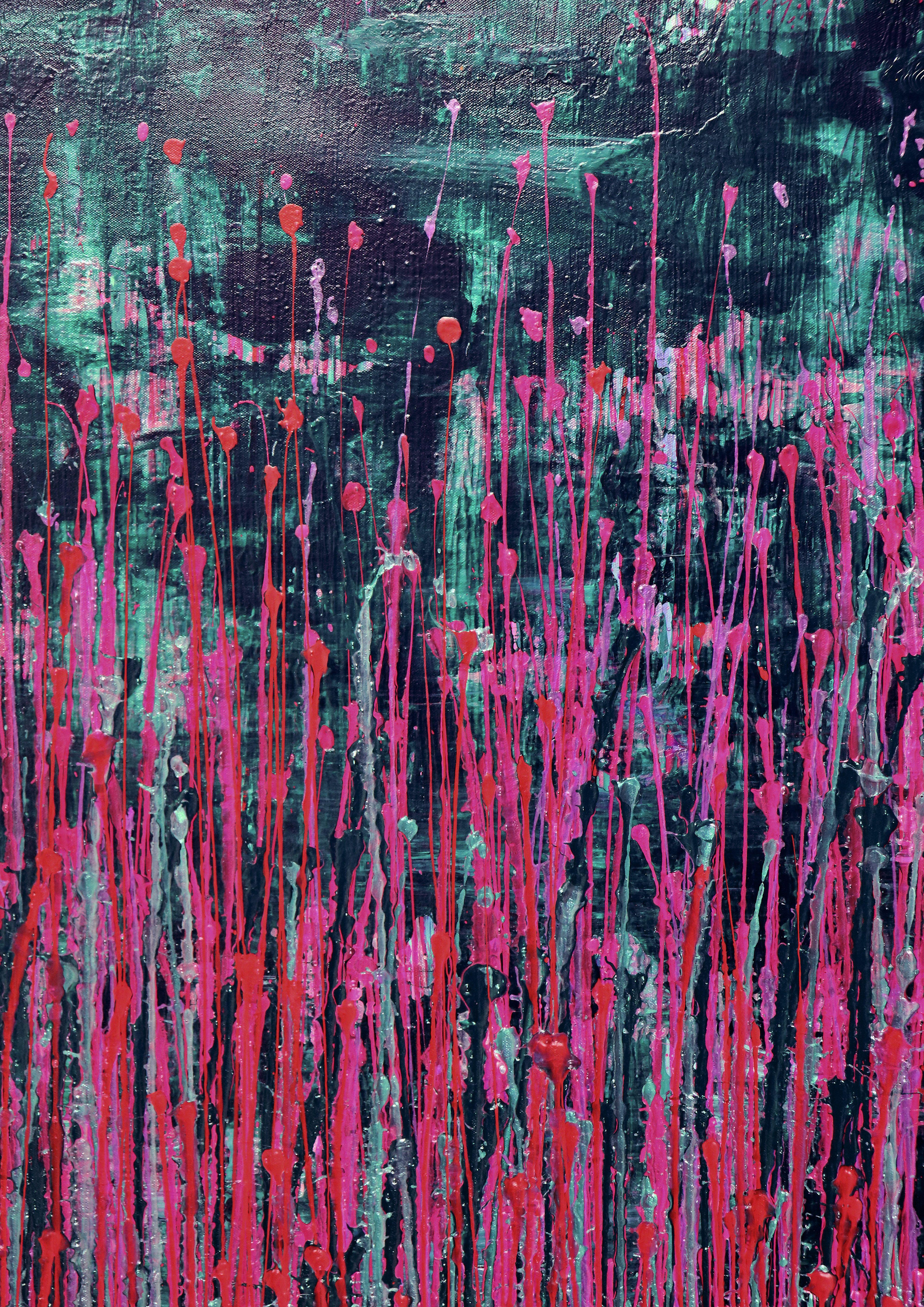 Vibrant abstract painting with many action drizzles in vibrant pink, orange, green and iridescent clear paint, over dark forest metallic green background. Signed in front.    I include a certificate of authenticity that lists the materials as well