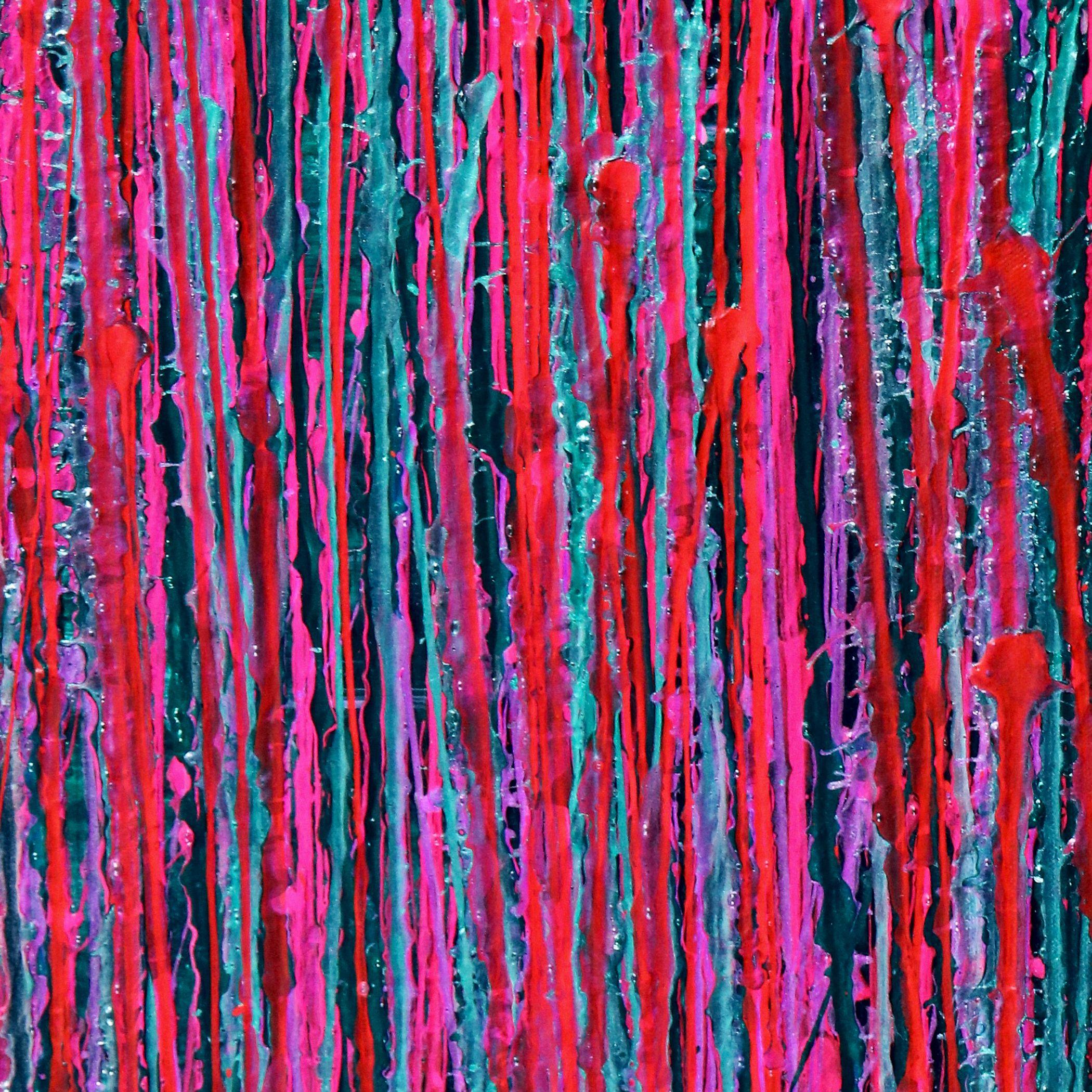 Lebendiges abstraktes Gemälde mit vielen Sprühstößen in leuchtendem Pink, Orange, Grün und schillernder Klarlackfarbe auf dunklem waldgrünem Hintergrund. Vorne signiert.    Ich lege ein Echtheitszertifikat bei, in dem die Materialien sowie das Datum