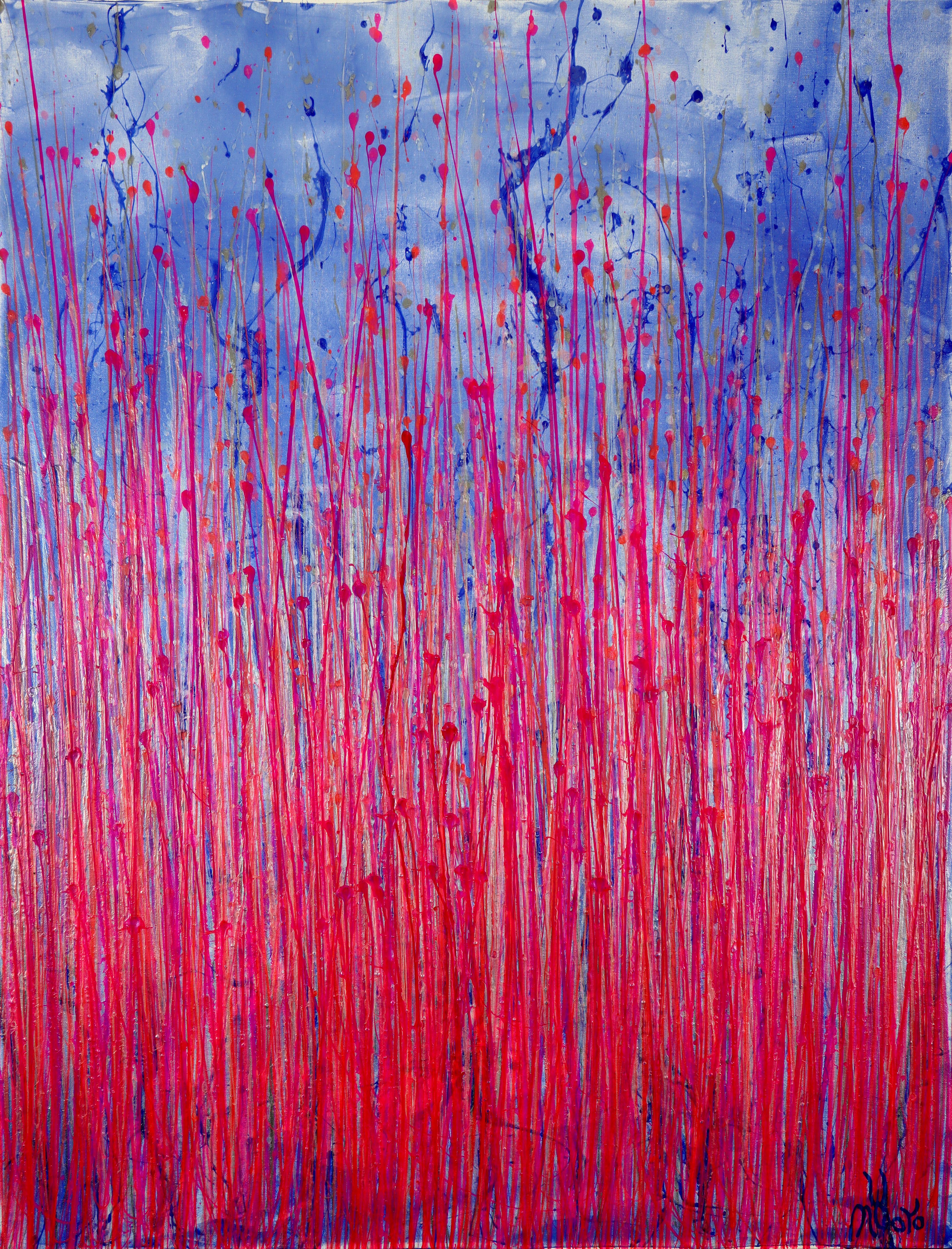 Nestor Toro Abstract Painting – Pink takeover (über Silberblau) 3, Gemälde, Acryl auf Leinwand