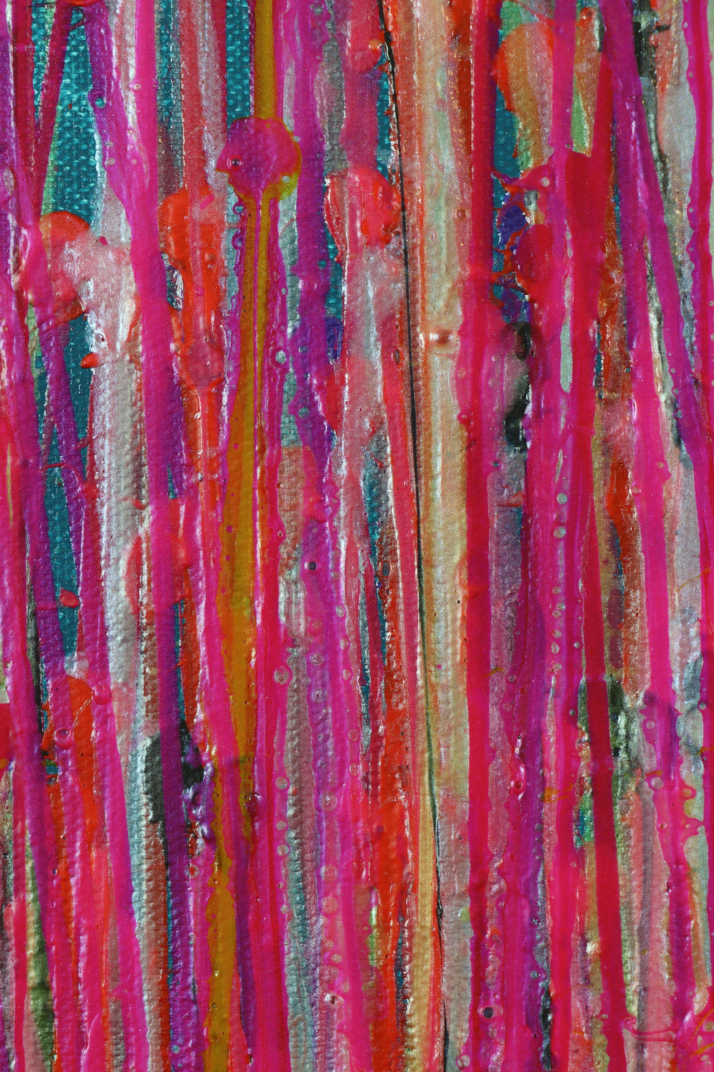 Modern abstract painting with many dynamic drizzles in pink, florescent pink, yellow, clear paint over silver blue. Signed in front. Hängefertig.    I include a certificate of authenticity that lists the materials as well as when the painting was