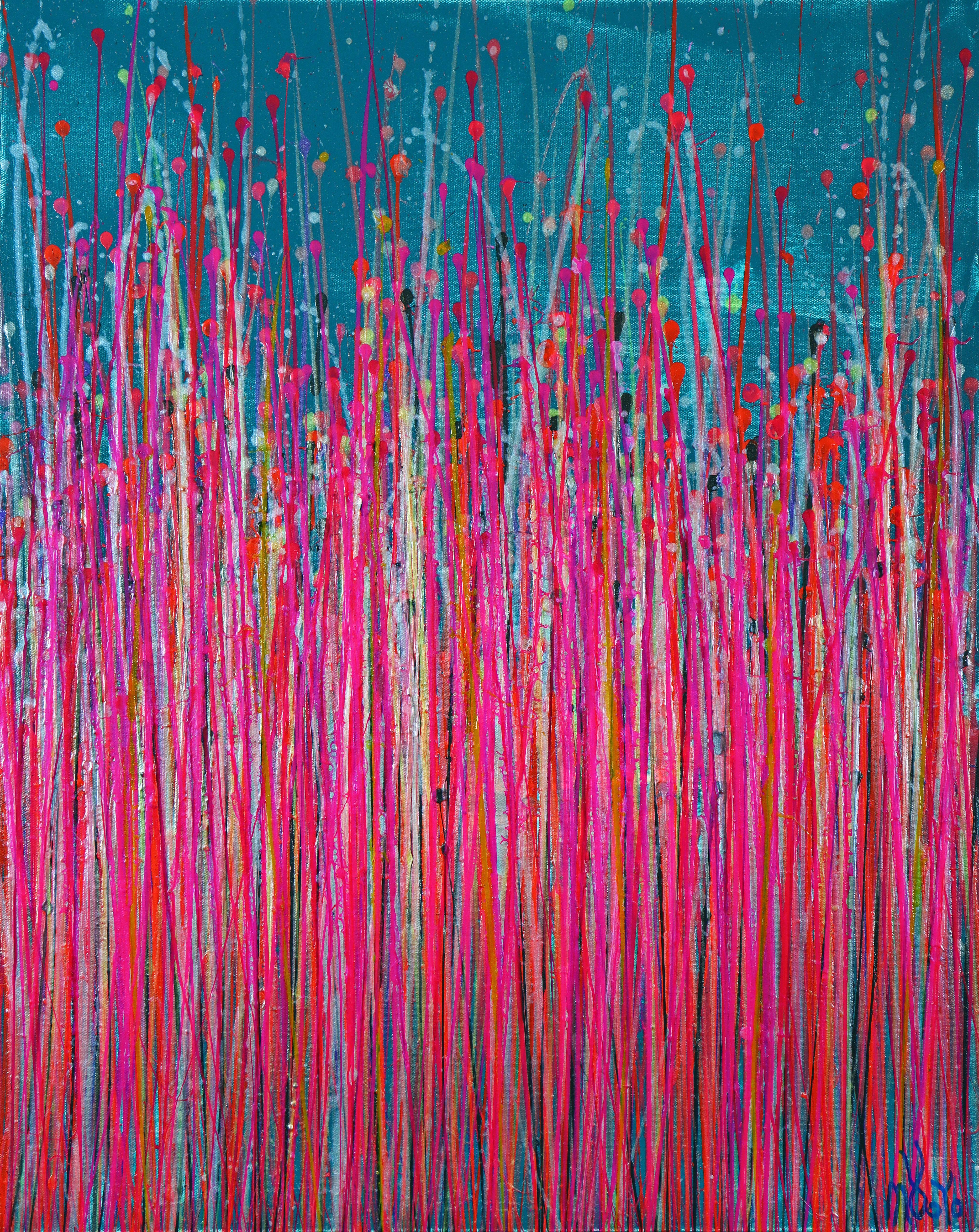 Nestor Toro Abstract Painting – Pink takeover (über Silberblau) 5, Gemälde, Acryl auf Leinwand