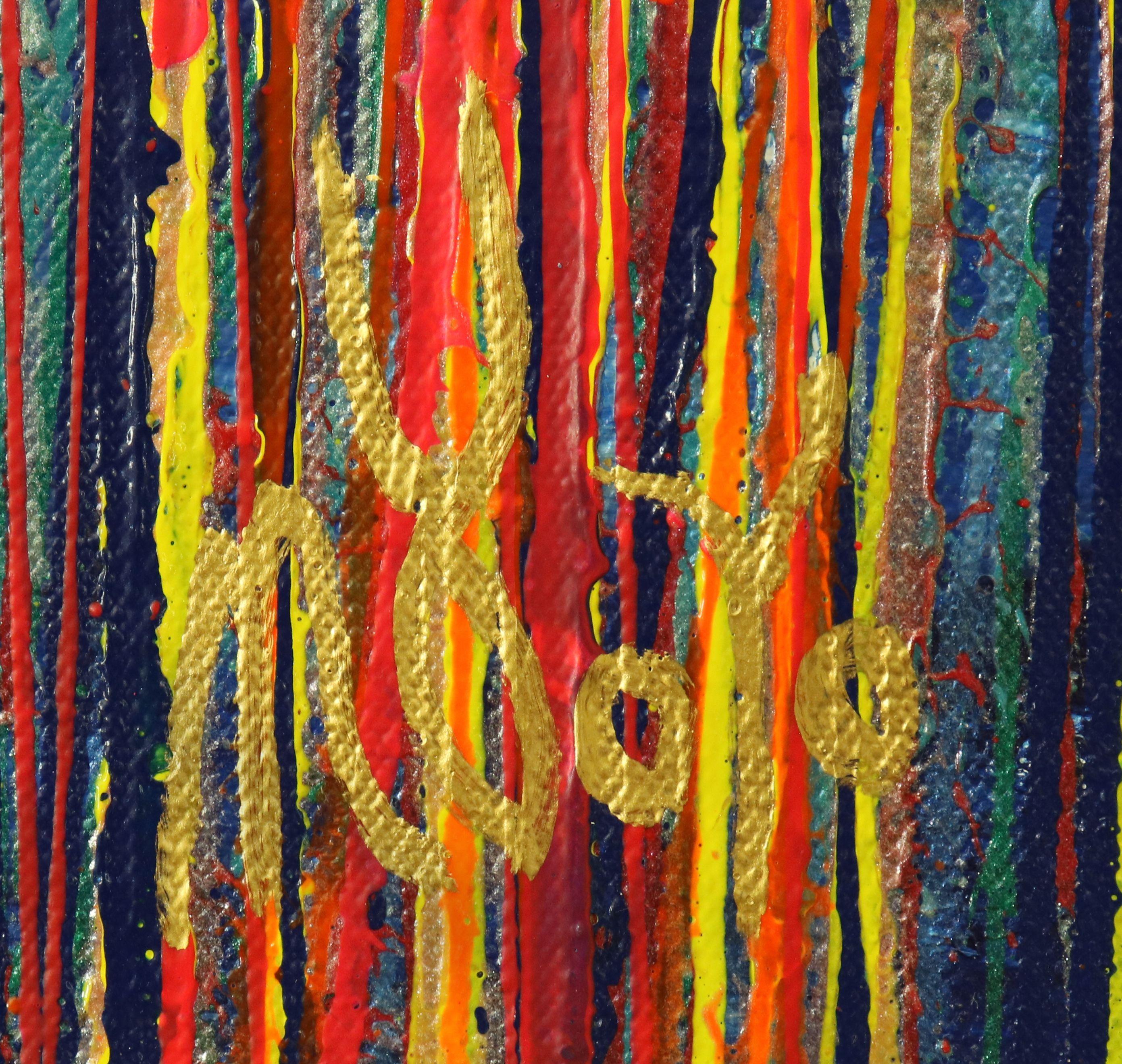 Vibrant abstract painting drizzles in shades of pink Yellow, gold yellow and metallic colors (Silver) over royal blue background. Signed in front.    I include a certificate of authenticity that lists the materials as well as when the painting was