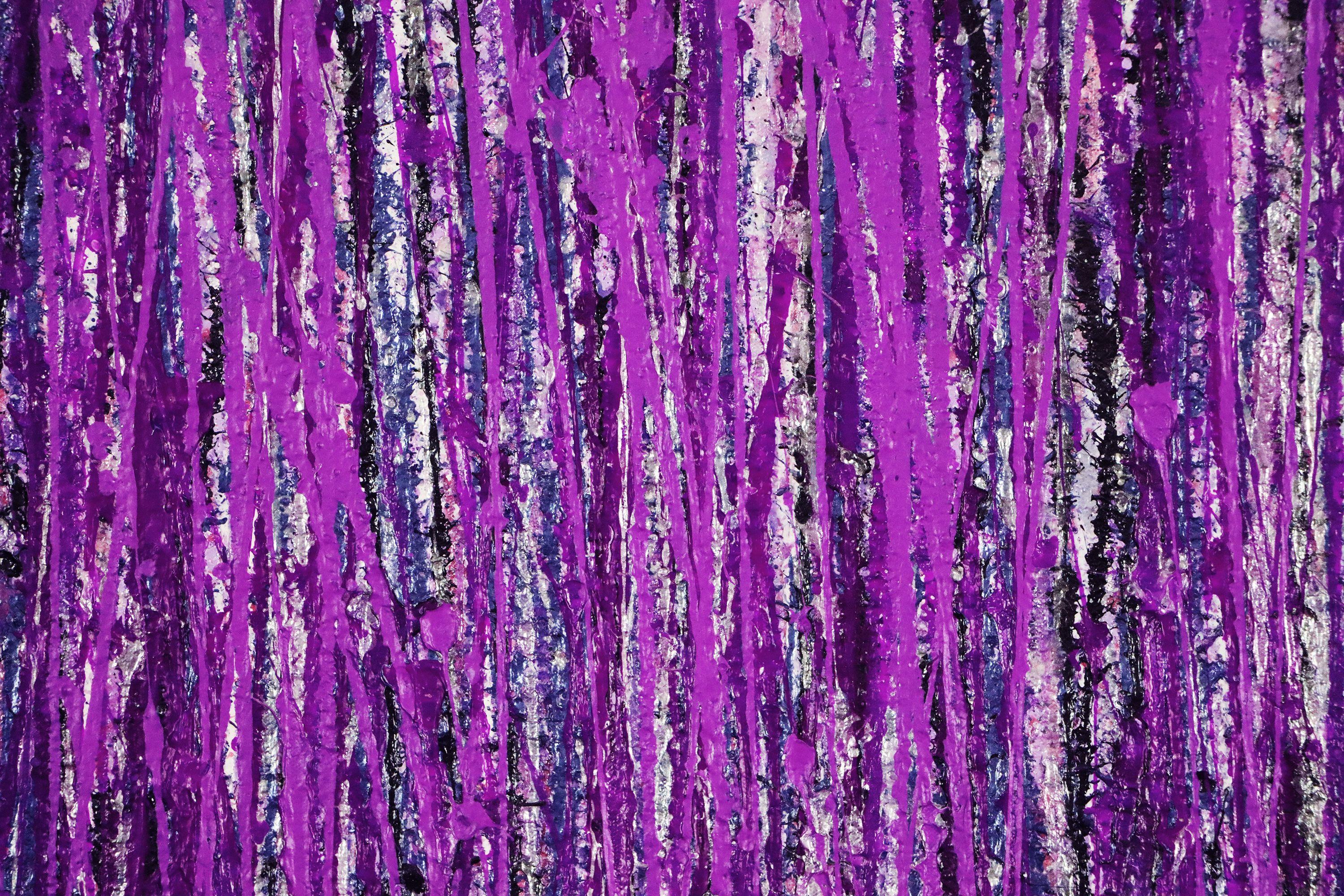 Vibrant expressionistic Inspired by nature and Provence in France. Abstract and intuitive, shades of purple from muted to bright glossy Violet with dark metallic details in dark green, black, iridescent silver and some pink. This artwork arrives in