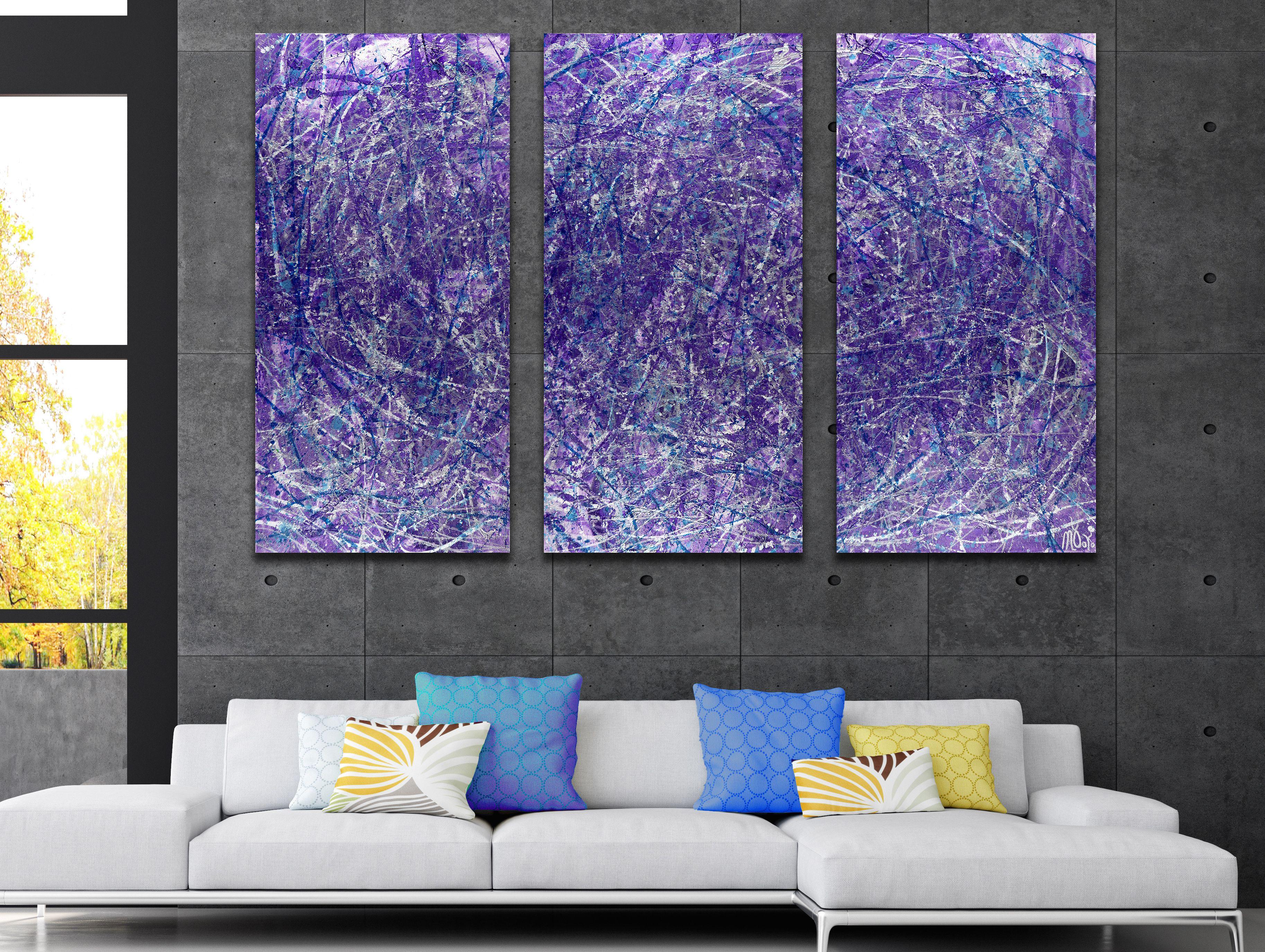 Passionate abstract expressionistic action painting inspired by Pollock. Layers of paint, Purple, iridescent purple , Prussian blue and silver. Large statement artwork. Signed on the front of the second canvas.    This artwork is a multi canvas