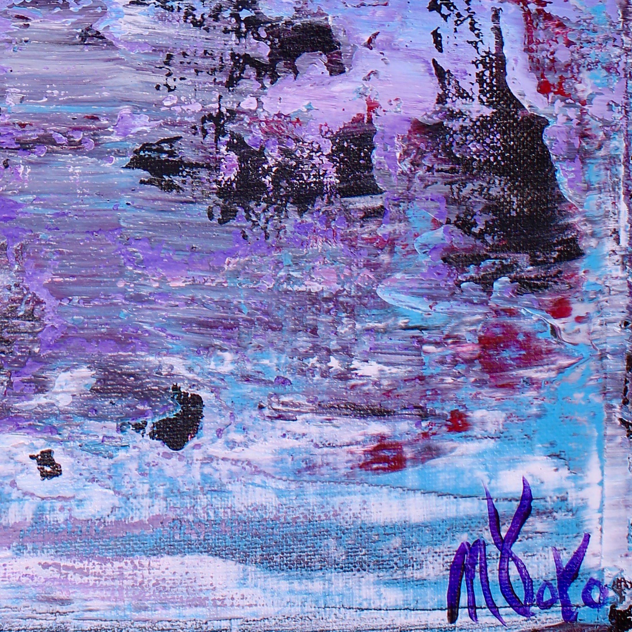 Acryl abstrakte Landschaft hauptsächlich lila, hellblau mit einigen grau und schwarz. Ausdrucksstarke kontrastreiche Farbfeldmalerei. Texturiert und geschichtet mit flüssigen, durchscheinenden Acrylfarben und schillernden Medien.    ORIGINALE FEINE