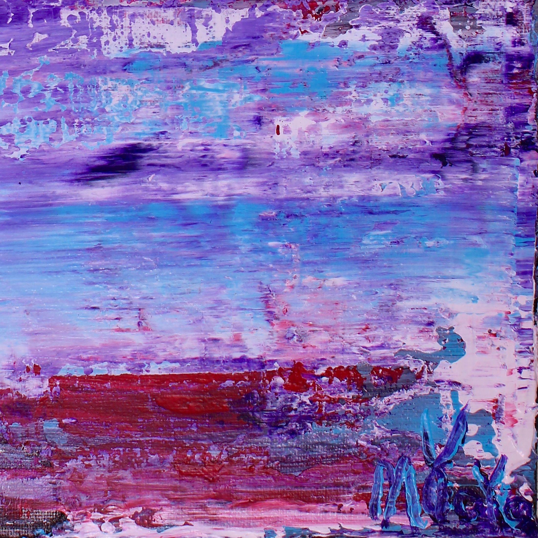 Paesaggio astratto in acrilico, principalmente viola, azzurro con alcuni grigi e neri. Espressiva pittura di campo a colori contrastanti. Texture e stratificazione con acrilici fluidi e traslucidi e medium iridescenti. ASTRATTI ORIGINALI DI PREGIO -