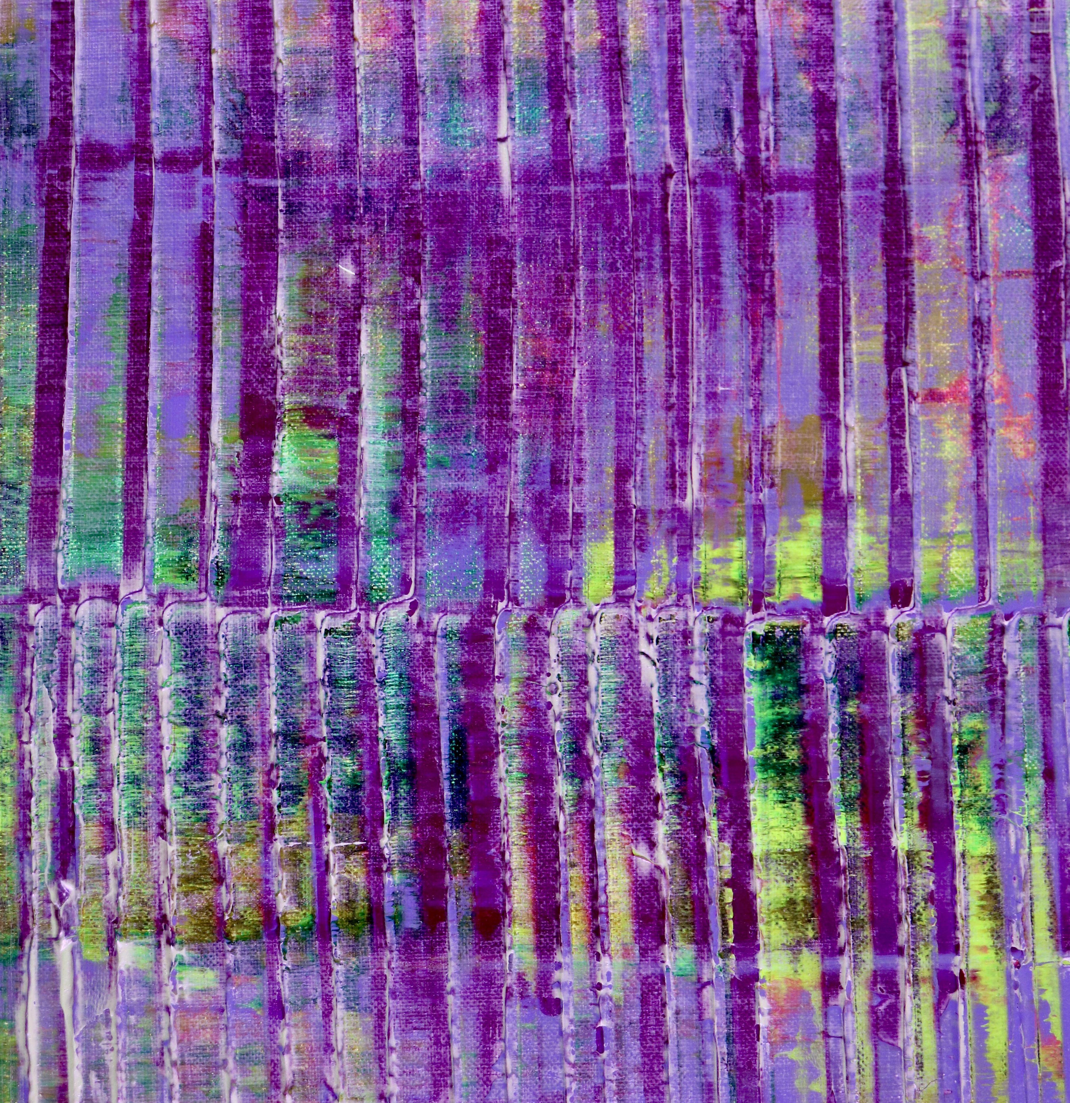 Acrylic on canvas  Ready to hang abstract    Abstract colorfield with bold texture and shapes. Blue, green and purple with iridescent purple... lots of light. This painting arrives mounted in a wooden canvas, sides painted, signed in front. Lots of