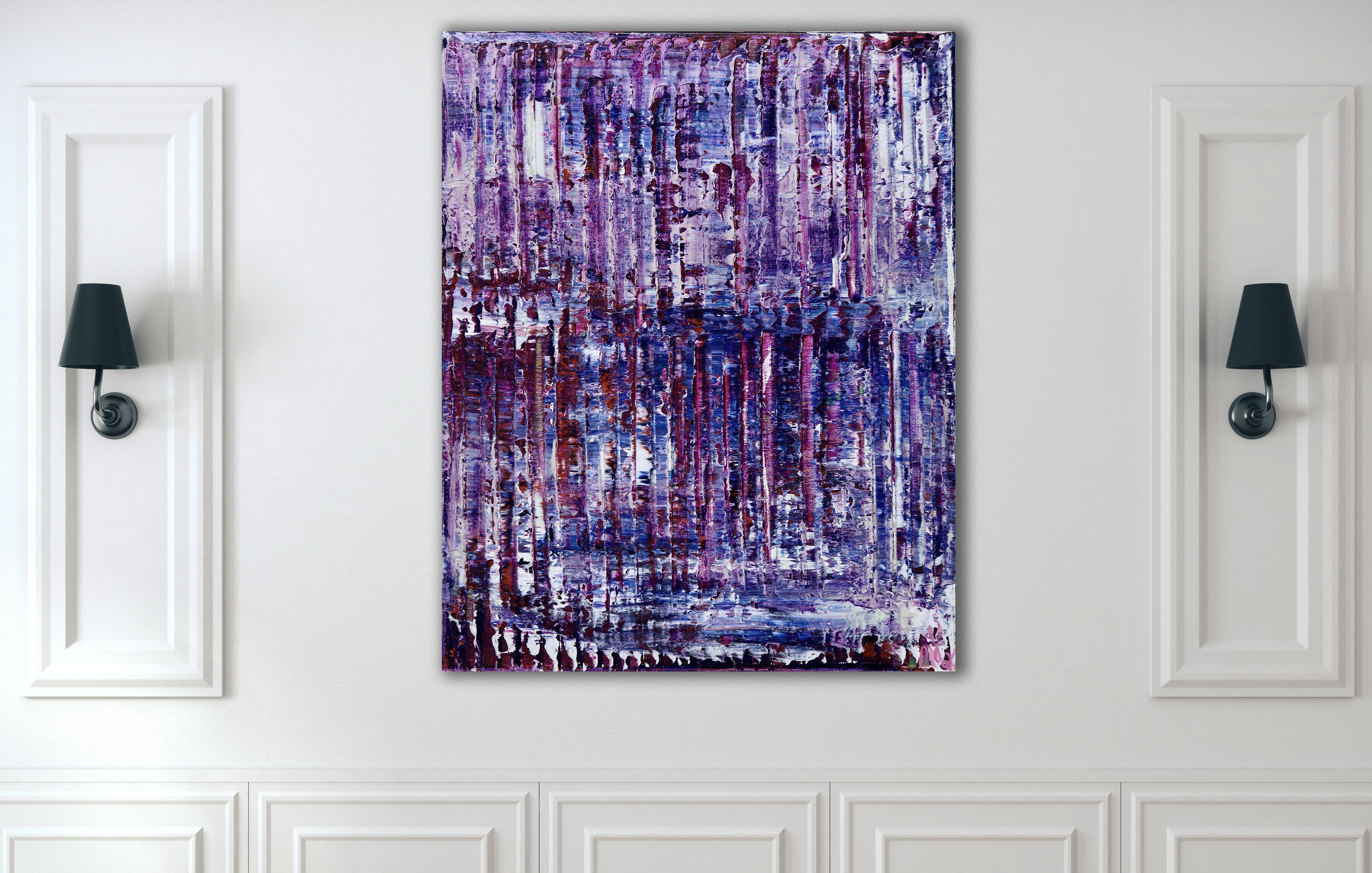 Acrylic on canvas  Ready to hang abstract    Abstract colorfield with bold texture and shapes. Red, blue and purple with iridescent purple... lots of light. This painting arrives mounted in a wooden canvas, sides painted, signed in front. Lots of