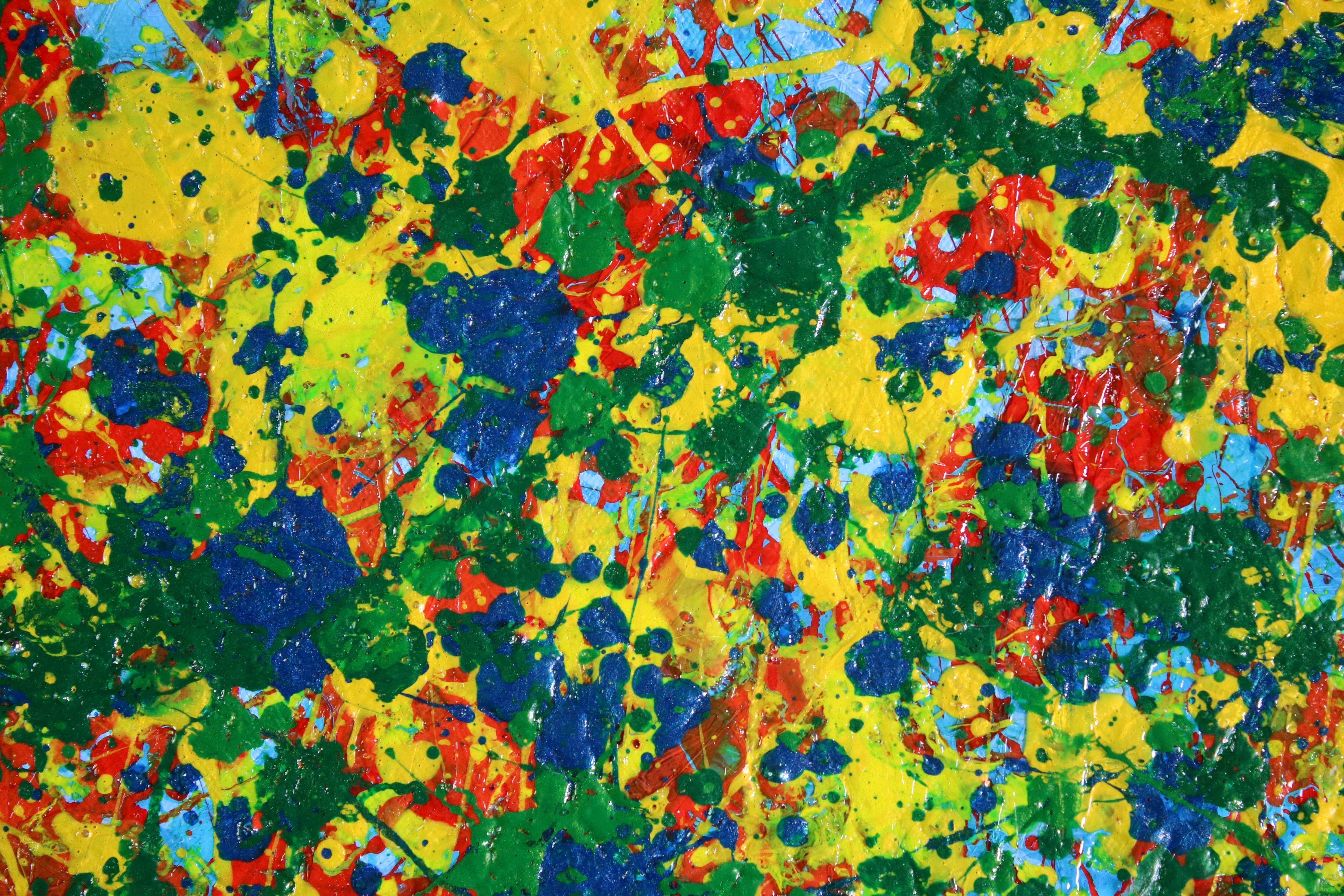 UN'OPERA AUDACE E DICHIARATA!    Ogni colore di questo dipinto di grande impatto è stato miscelato a mano con particelle di mica per rendere il verde, l'azzurro, l'arancione e il giallo più brillanti. Questi colori forti sono stati versati in